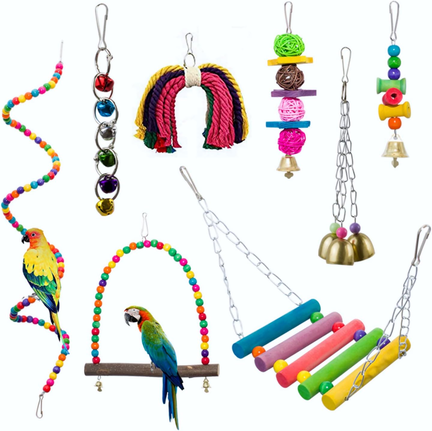 Jivan 8 Pack Bird Toys Set Parakeet Parrot Swing Chewing Toy with Hanging Bell Climbing Ladders Hammock Bell Toy for Small Parakeets,…
