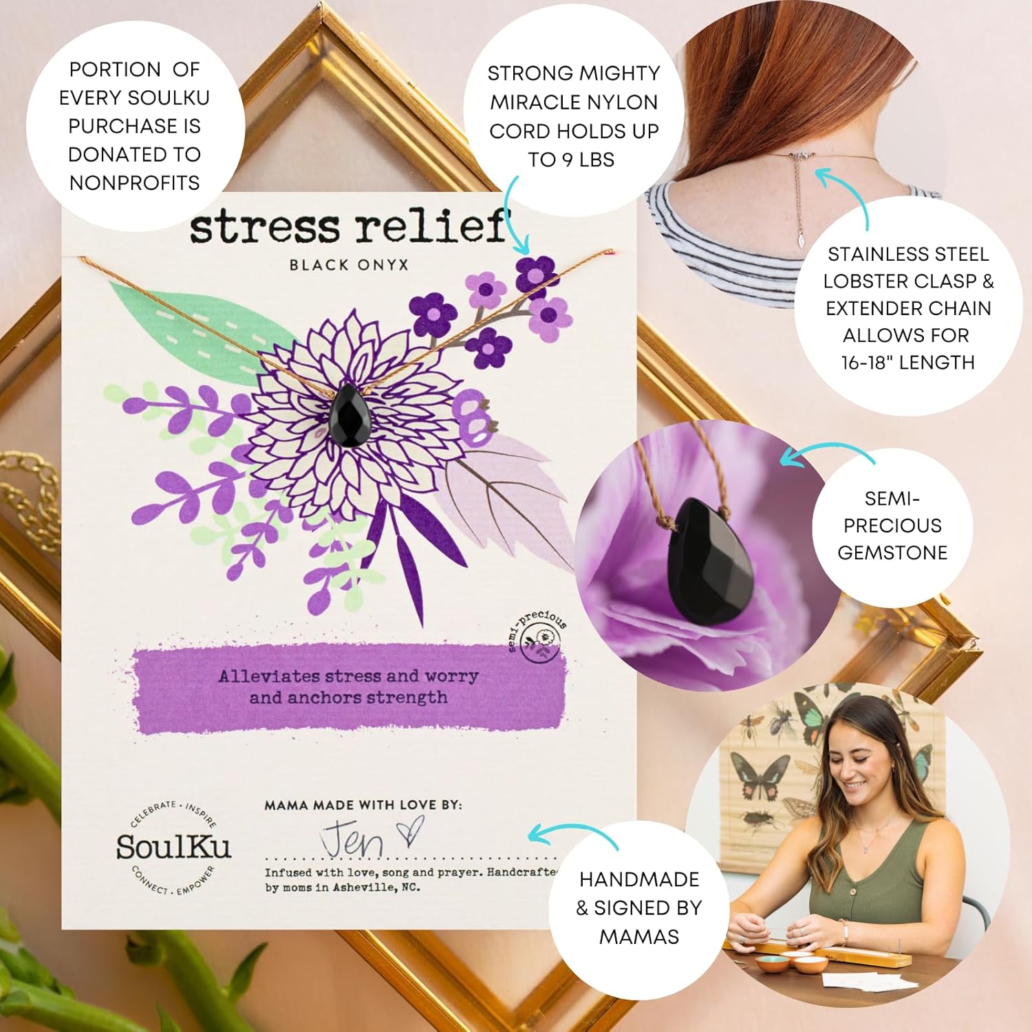 SoulKu Handcrafted Necklace, Empowerment Jewelry With Healing Crystal, Inspirational Jewelry For Women, Mom & Sister Gifts, 2" Extender With Lobster Clasp, 16" Nylon Cord - Image 4