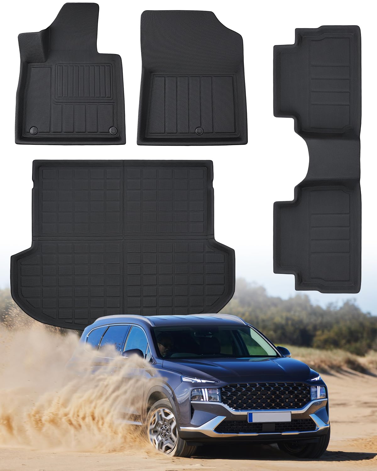 BAMACAR® for Hyundai Santa Fe Floor Mats 2023 2022 2021(GAS ONLY) All Weather Rubber For 2021 2022 2023 Hyundai Santa Fe Floor Mats Cargo Liner for Hyundai Santa Fe Accessories 2021-2023 (TPE+XPE+PET)