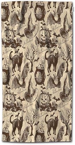 Moslion Toalla de estilo retro vintage con diseño de gato calabaza, búho, murciélago y bruja, toalla de cocina y baño de microfibra de poliéster