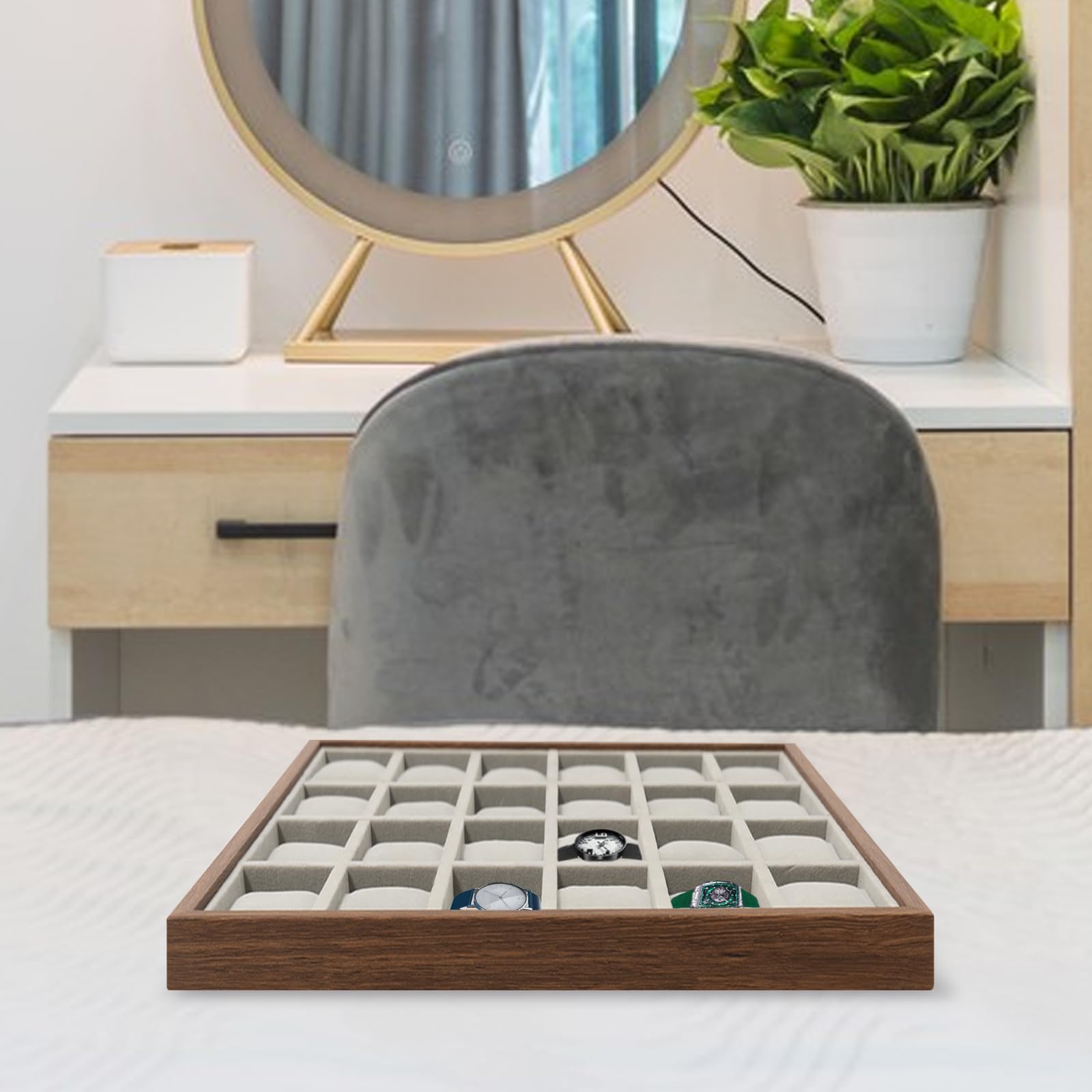 Caja de reloj con 24 compartimentos, caja de almacenamiento para joyas, organizador de almacenamiento, bandeja de madera, caja de exhibición de madera, para uso personal, exhibiciones de