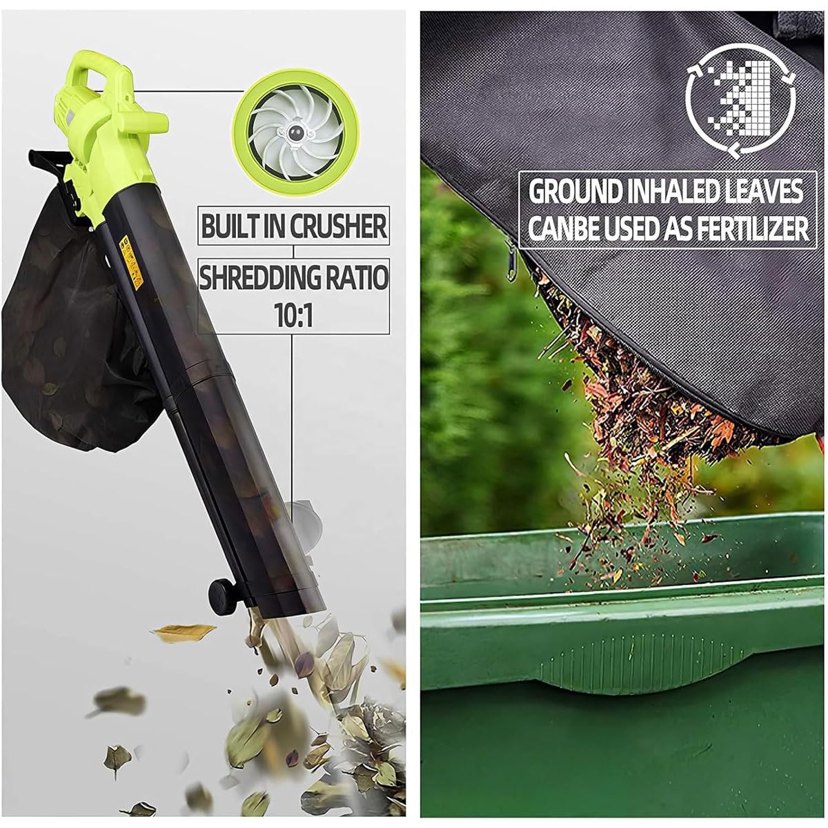 Soplador de hojas al vacío, aspiradora de jardín de 3000 W y trituradora con bolsa de recogida de arena de hojas de 40 l, adecuado para jardín y paisajismo