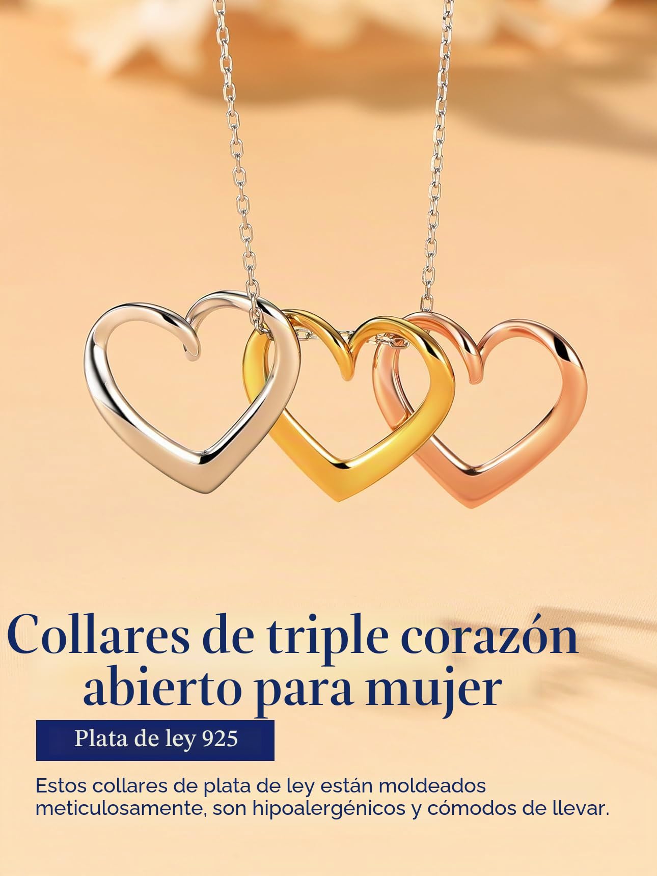 Suplight Collar Mujer Plata de Ley 925 Colgante con 1/2/3 Corazones Collar Amor Eterno Plata/Oro/Oro Rosa Cadena 40cm+5cm