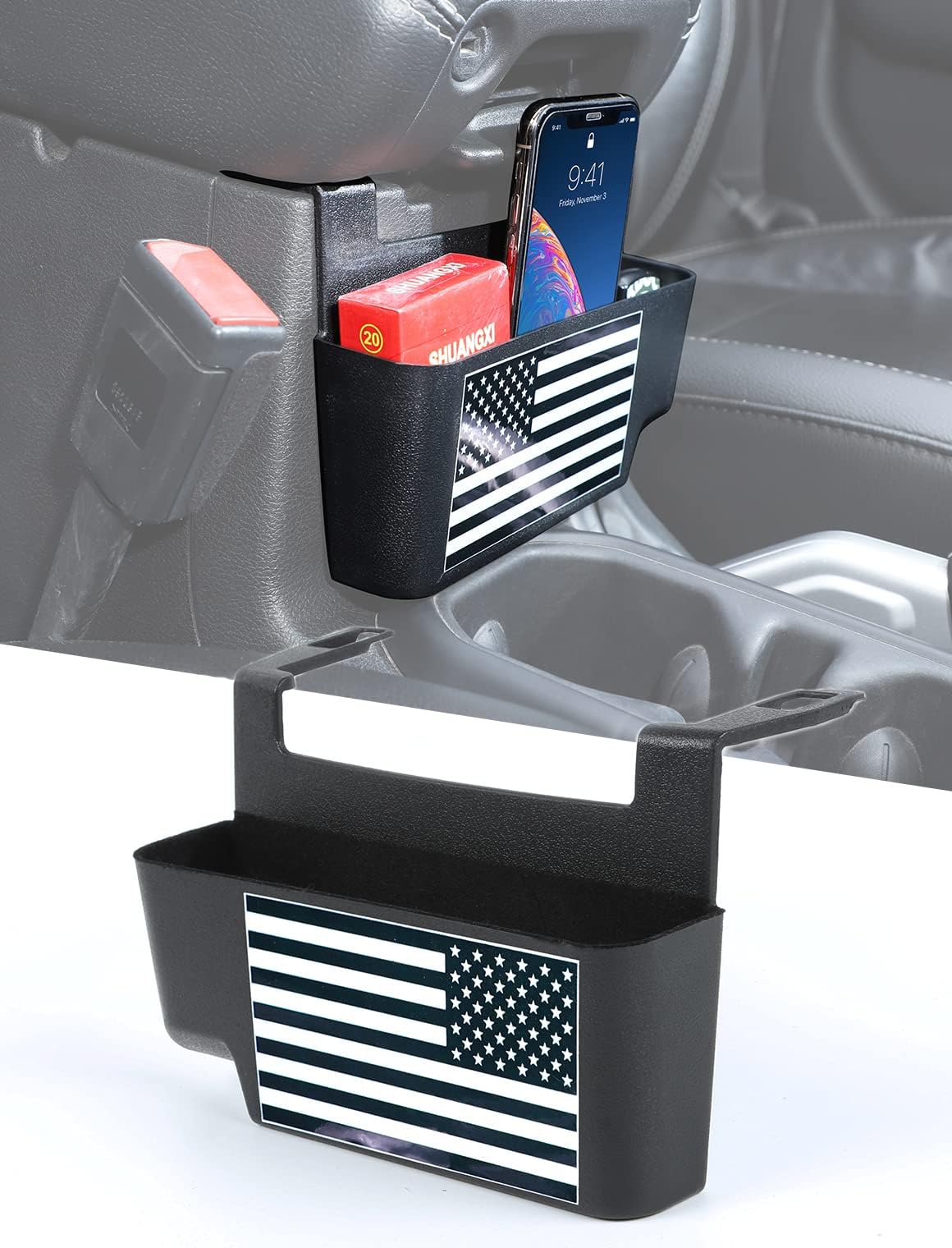 Center Console Hanging Storage Organizer for 2018-2025 Jeep Wrangler JL JLU 4XE & Gladiator JT, Armrest ABS Tray With American Flag Patten, Interior Accessories, Black