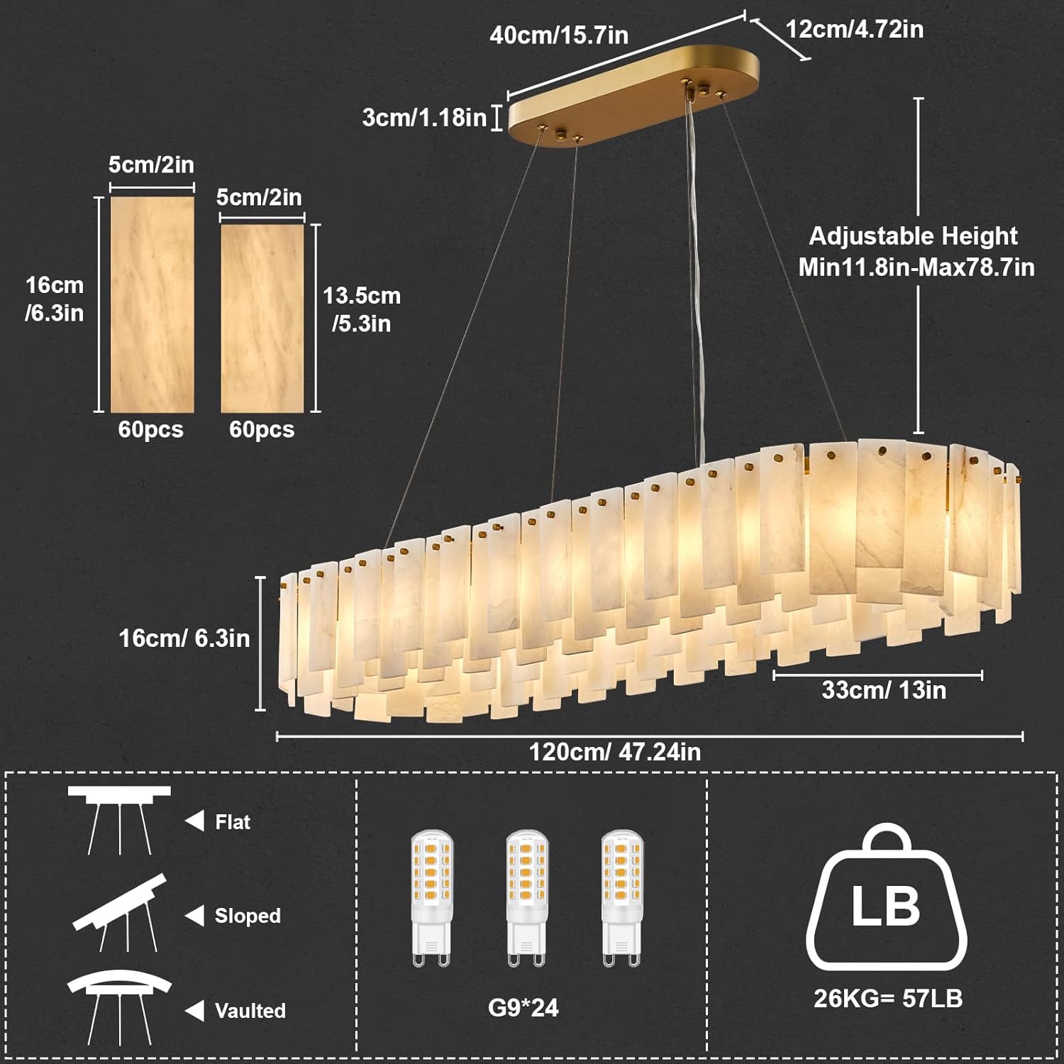 Alabaster Rectangular Chandelier for Dining Room, L47.2in Gold Large Chandeliers, Marble Modern Pendant Light Fixture for Living Room, Kitchen Island, Bedroom,Dining Table