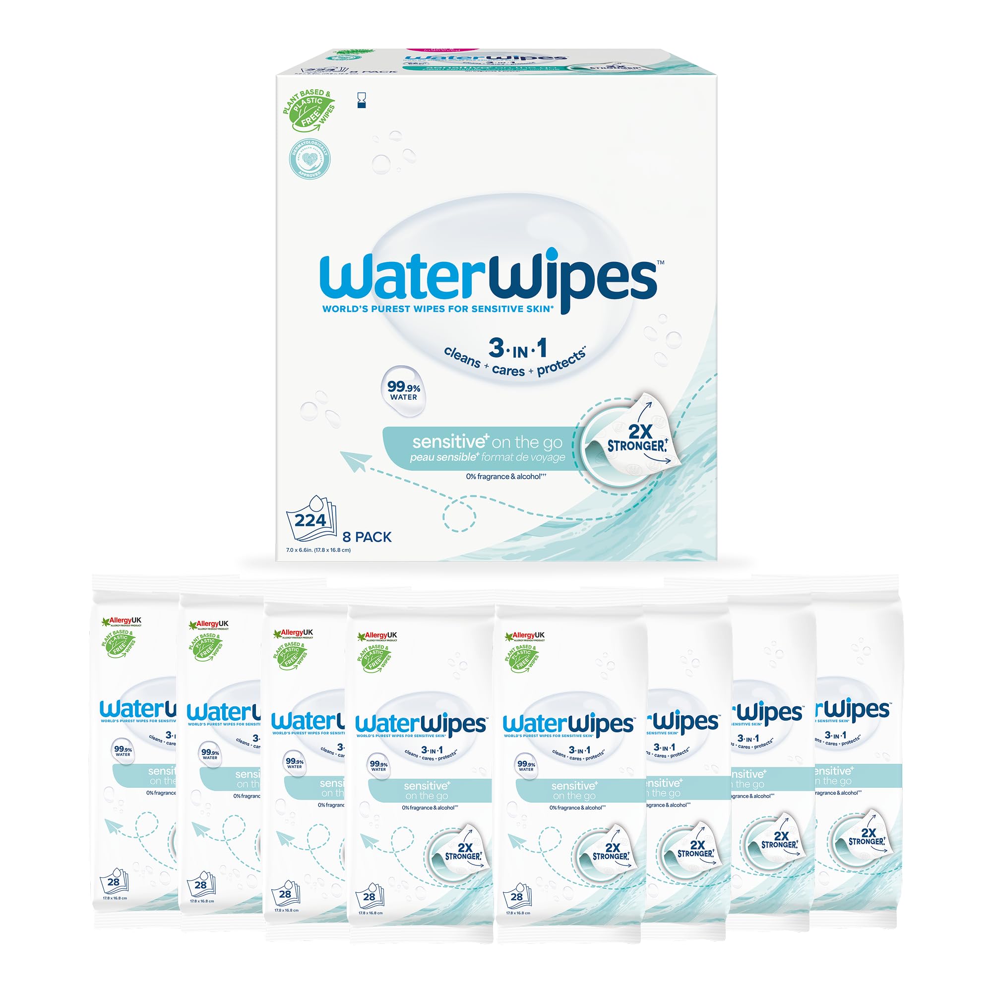 WaterWipes Sensitive+ On The Go Wipes, 99.9% Water, Unscented, 8 Pack