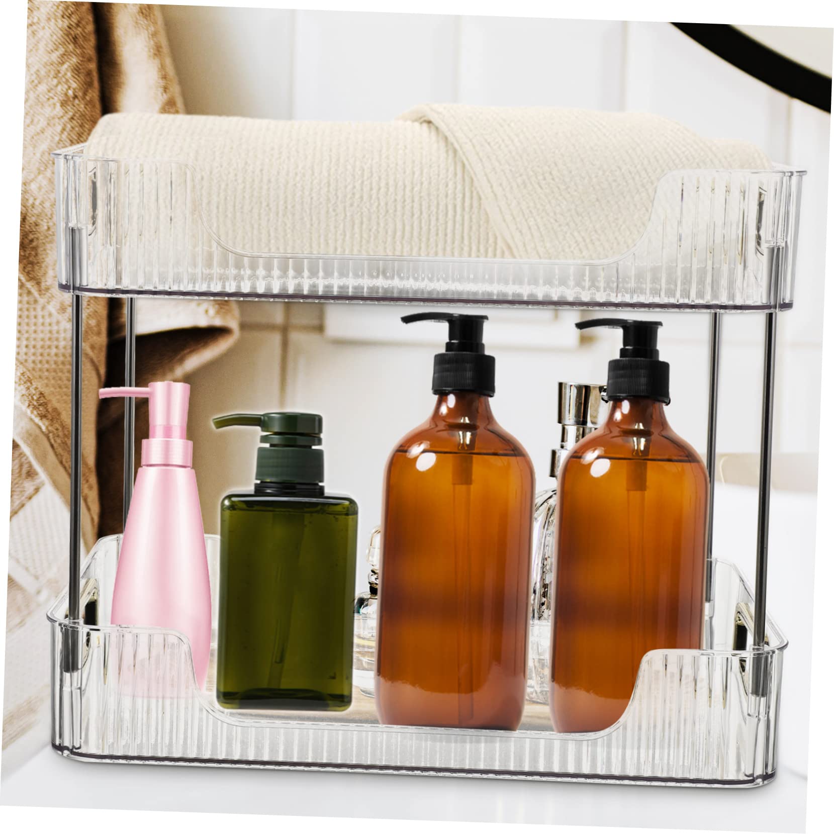 Organizer Cosmetici da Bagno 2 Livelli Doppio Ripiano in PET e Acciaio Inossidabile per Piano Lavabo Bagno e Comodino