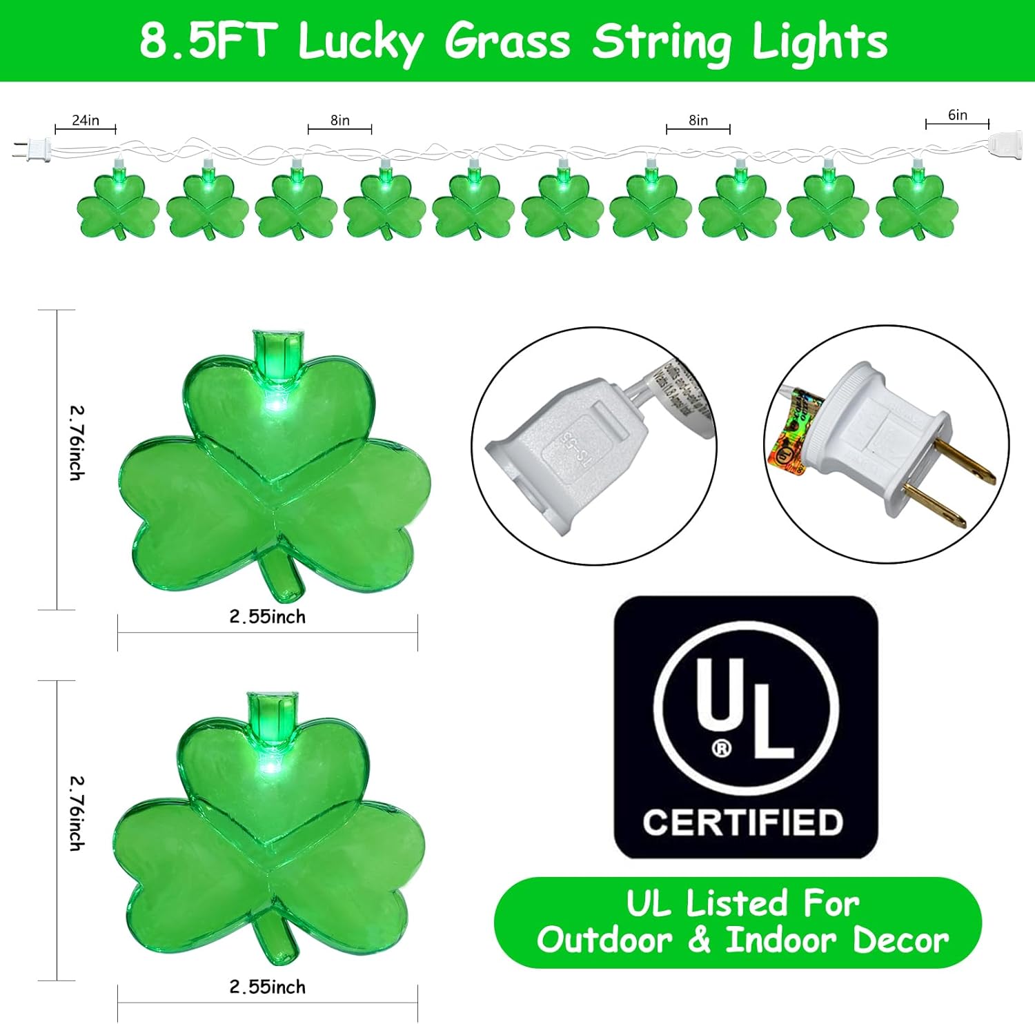 Shamrock String Lights, 8.5Ft St Patrick's Day Decorations with 10 3D Green Clover Lights, Plug in Clover Fairy String Lights for Party Bar Garden Bedroom Party Irish Holiday Decor - Image 2