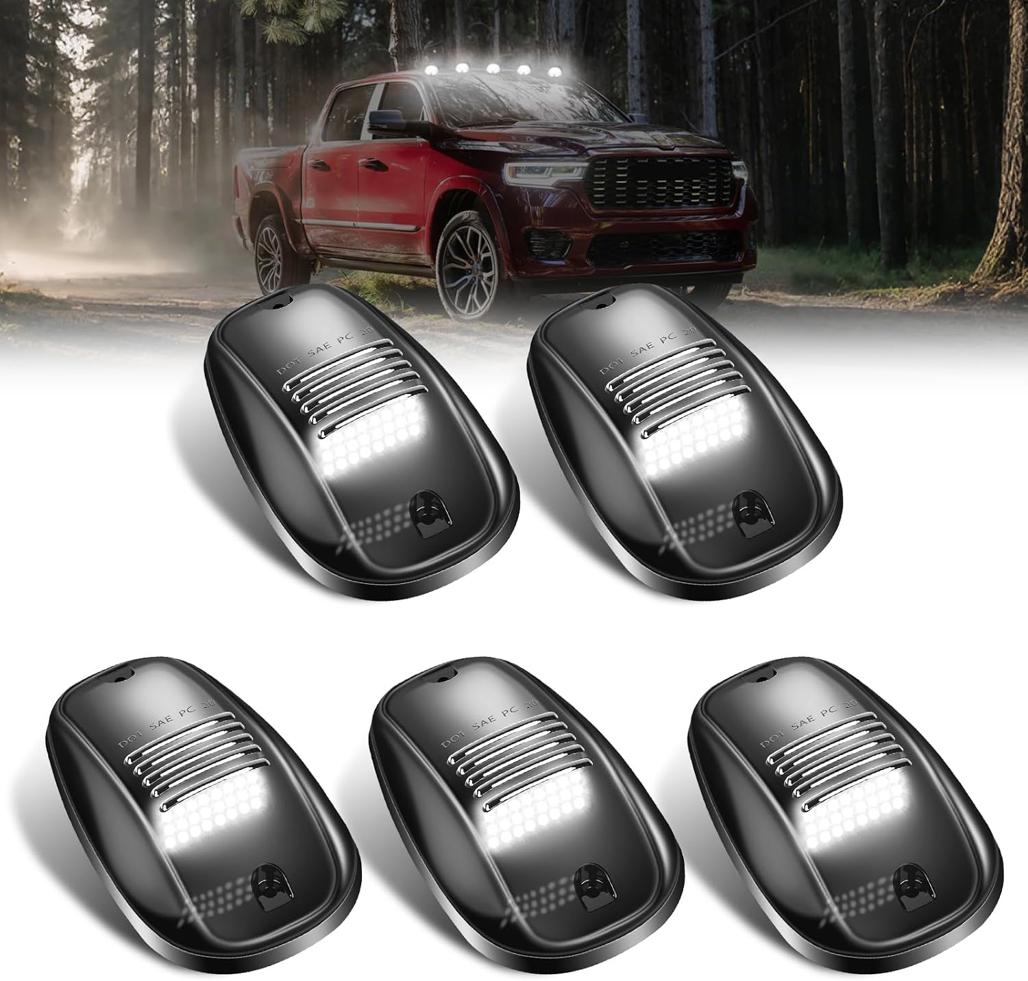 5PCS 24LED Amber Smoke Cab Roof Running Lights | 264146BK Assembly + Wire Harness – Replacement for 2003-2018 1500/2500/3500/4500/5500 Pickup Trucks