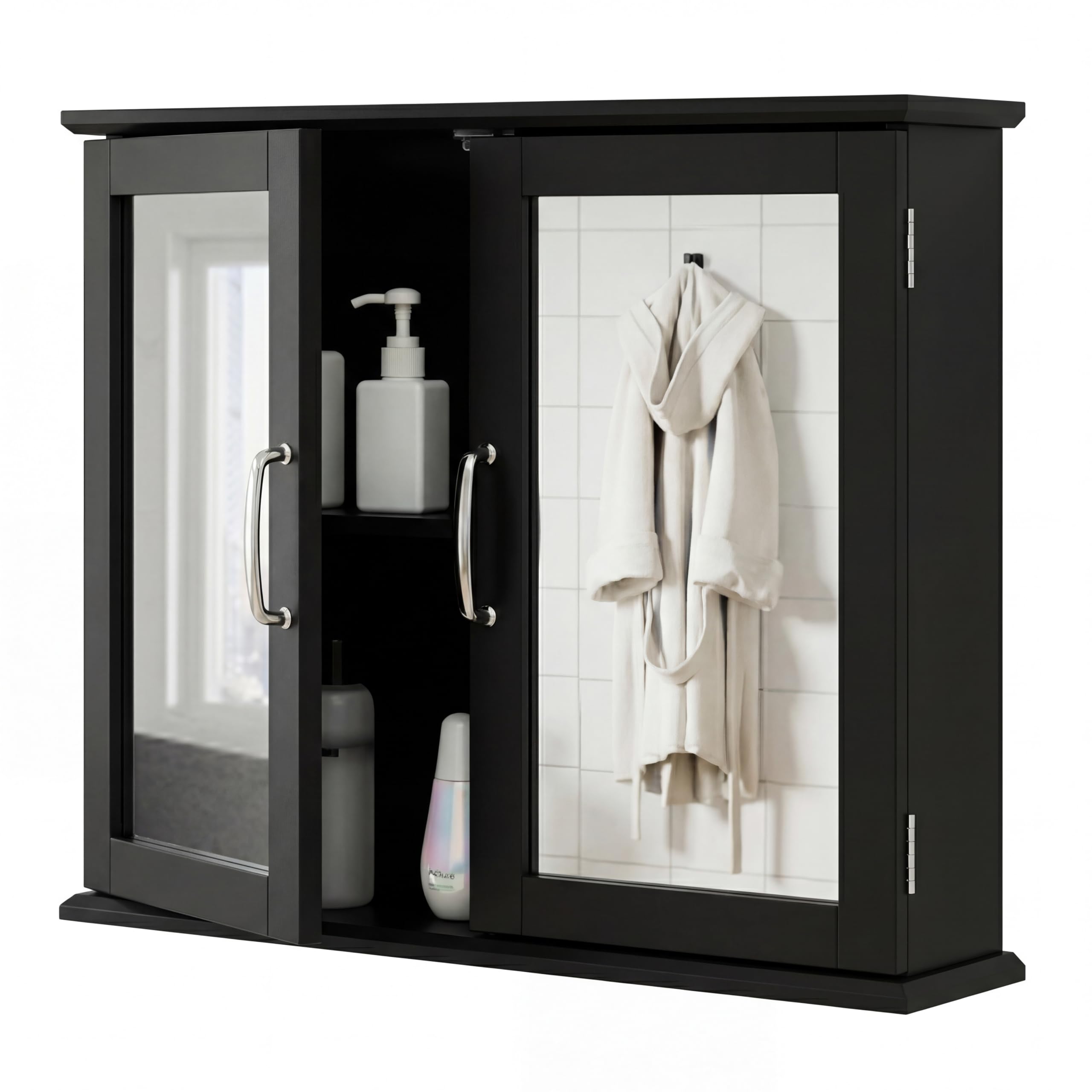 COSTWAY Bathroom Mirror Cabinet, Wall Mounted Storage Cupboard with Double Door & 2-Tier Shelf, Wooden Medicine Cabinet Organiser Unit for Bathroom, Kitchen, Living Room and Hallway (Black)