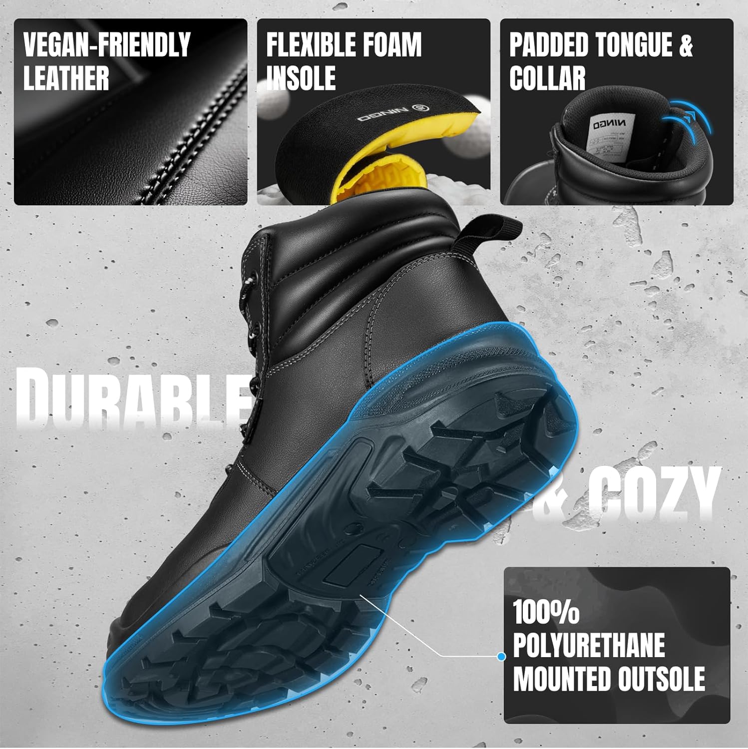 NINGO Steel Toe Work Boots for Men, Non Slip & Puncture Resistant Construction Boots with Breathable Lining, EH Protection, Comfortable Mens Safety Leather Work Shoes for Industrial, Walking Warehouse - Image 4