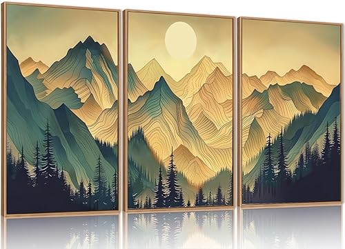 Miniatura 53 de Juego de Arte de Pared de Lienzo Enmarcado de Montaña del Bosque, Pintura de Pared de Cresta Abstracta, Decoración de Pared de Paisaje de Puesta de