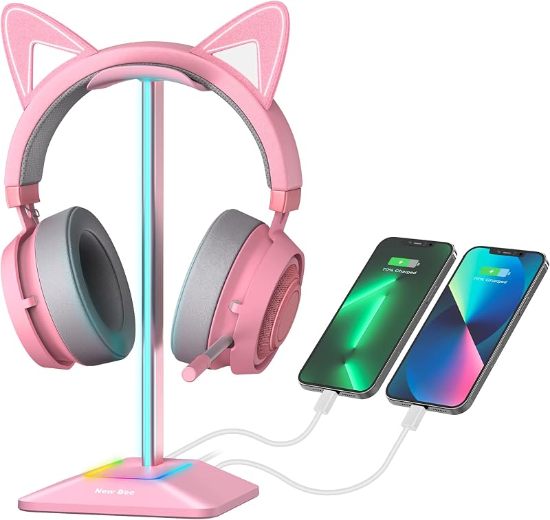 RGB Headphone Stand Gaming Headset Holder USB Charger Desktop Pink | USB-C & USB Charging Ports, Stable Desktop Earphone Stand for All Headphones Size