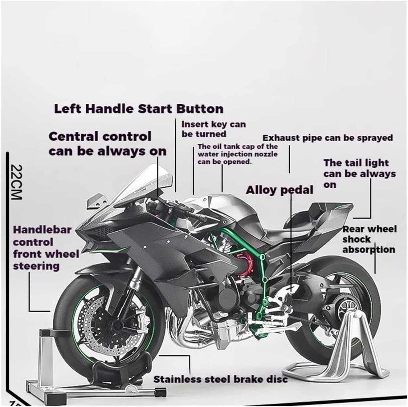 HASCBUYC 1:6 Compatible with H2/H2R Motorcycle - Metal Die-cast, Realistic Light/Sound, Working Steering/Suspension, Refillable Spray - Advanced Collectible(Black)