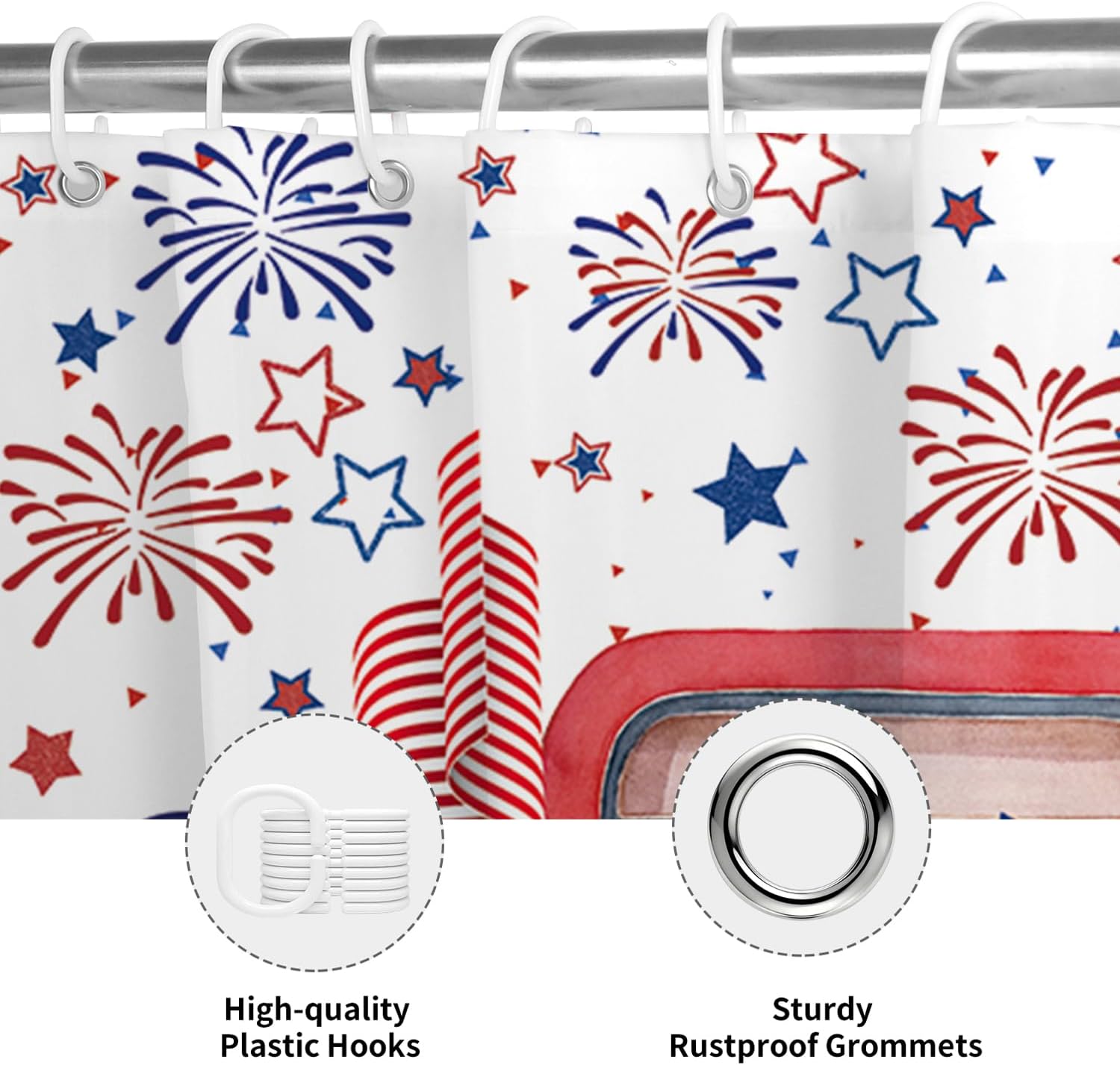 4th of July Shower Curtain, Independence Day Patriotic Shower Curtains for Bathroom, Red White Blue Memorial Day Waterproof Fabric Bathroom Shower Curtain with Hooks, Machine Washable, 65x72 Inches