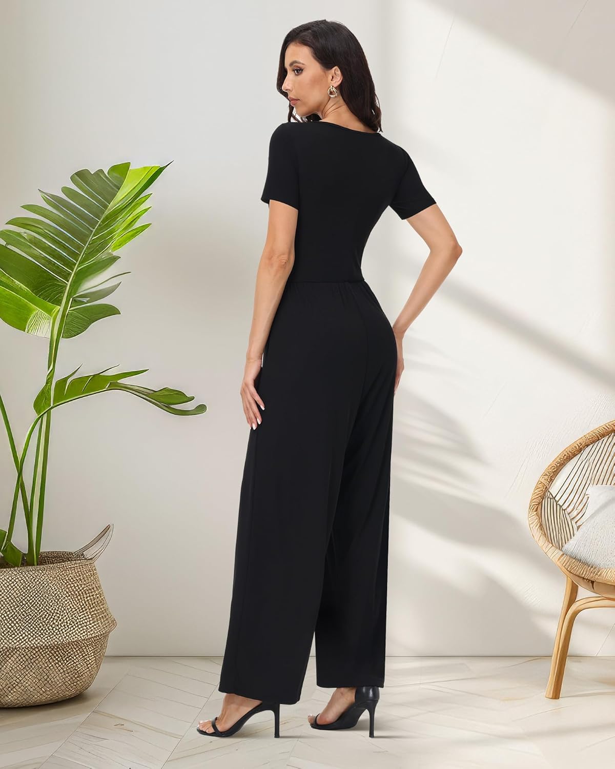 Womens Summer Jumpsuits Dressy Casual Short Sleeve Square Neck Wide Leg Jumpsuit Rompers Elegant One Piece Outfits - Image 3