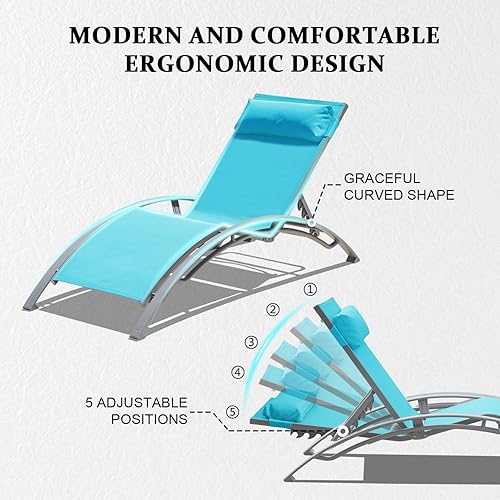 Miniatura 6 de Domi - Juego de 3 sillas de piscina, tumbonas ajustables de aluminio para exteriores con mesa auxiliar de metal, para todo tipo de clima, para