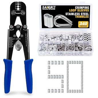 Sanuke Wire Rope Crimping Tool Kit, Crimping Loop Sleeves from 3/64-inch to 1/8-inch, with 390PCS Stainless Steel Wire Rope Cable Thimbles Aluminum Crimping Loop Sleeve