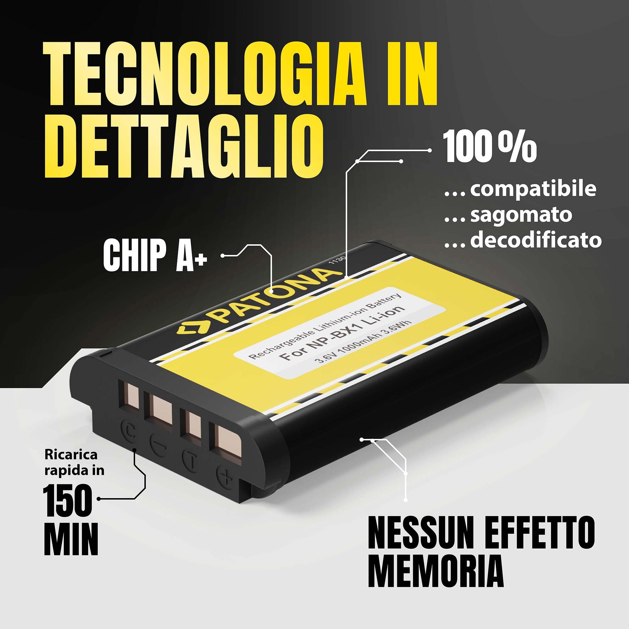 PATONA NP-BX1 Batteria 1000mAh compatibile con Sony CyberShot DSC RX1 RX100 II III IV V VI VII HX50 HX60 HX80 HX90 HX99 HX400V WX300 WX500 HDR AS50 CX240 NPBX1 NP BX1