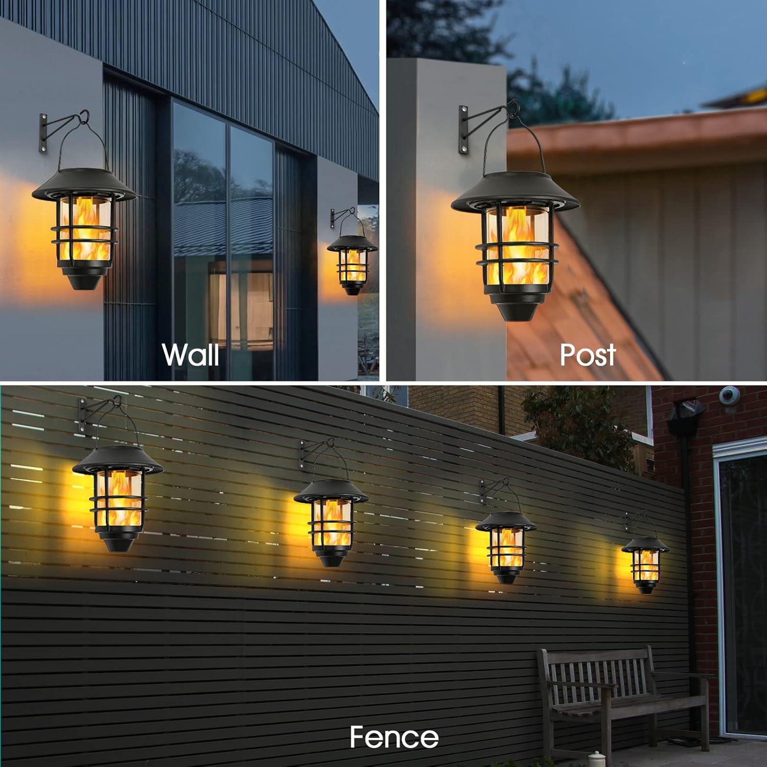 Black Solar Wall Lanterns with Flickering Flames, 2 Pack