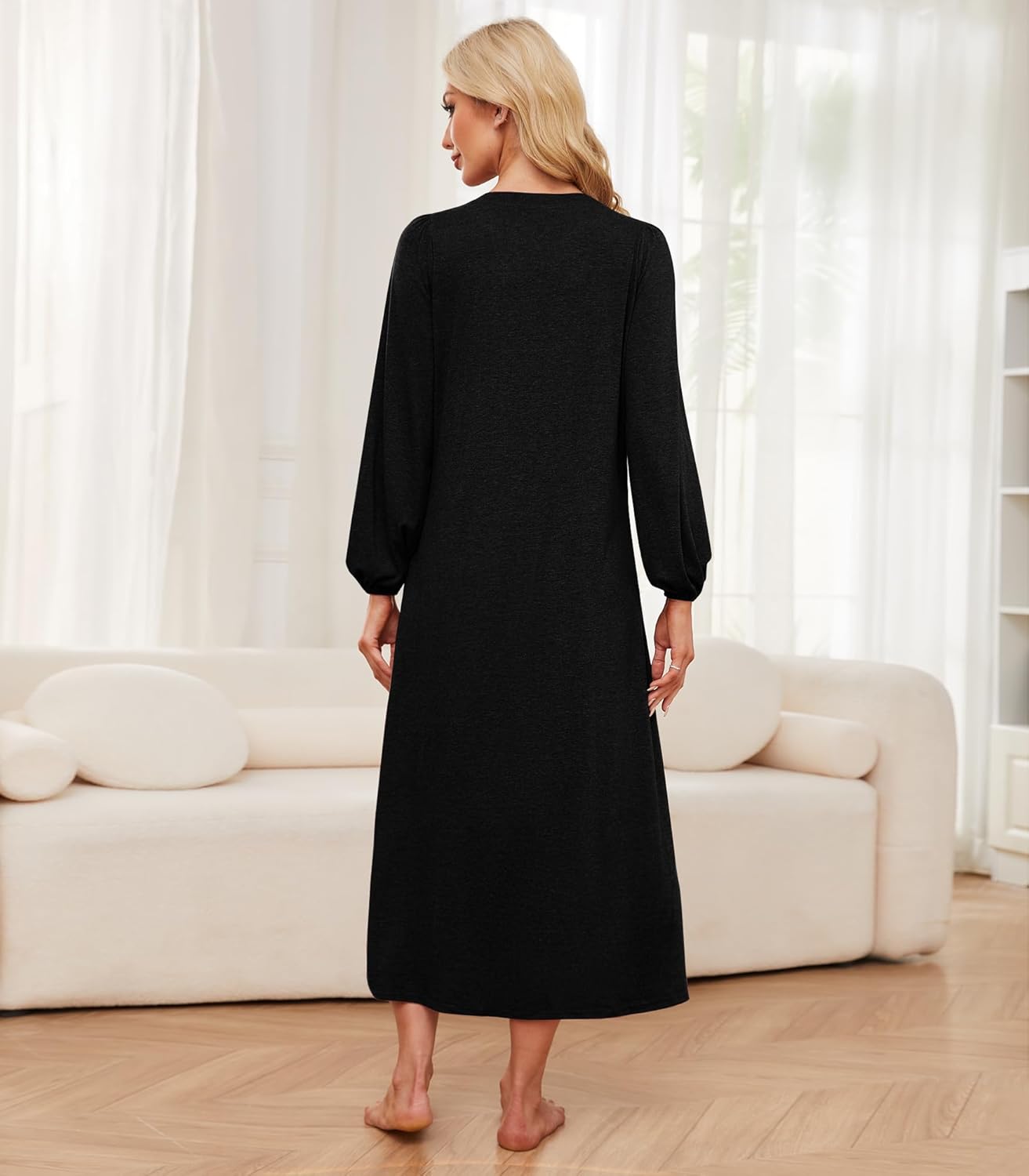 Womens Cotton Long Sleeve Nightgowns Soft Ladies Sleep Shirts Button V Neck Full Length Night Shirts Sleepwear with Pockets - Image 3