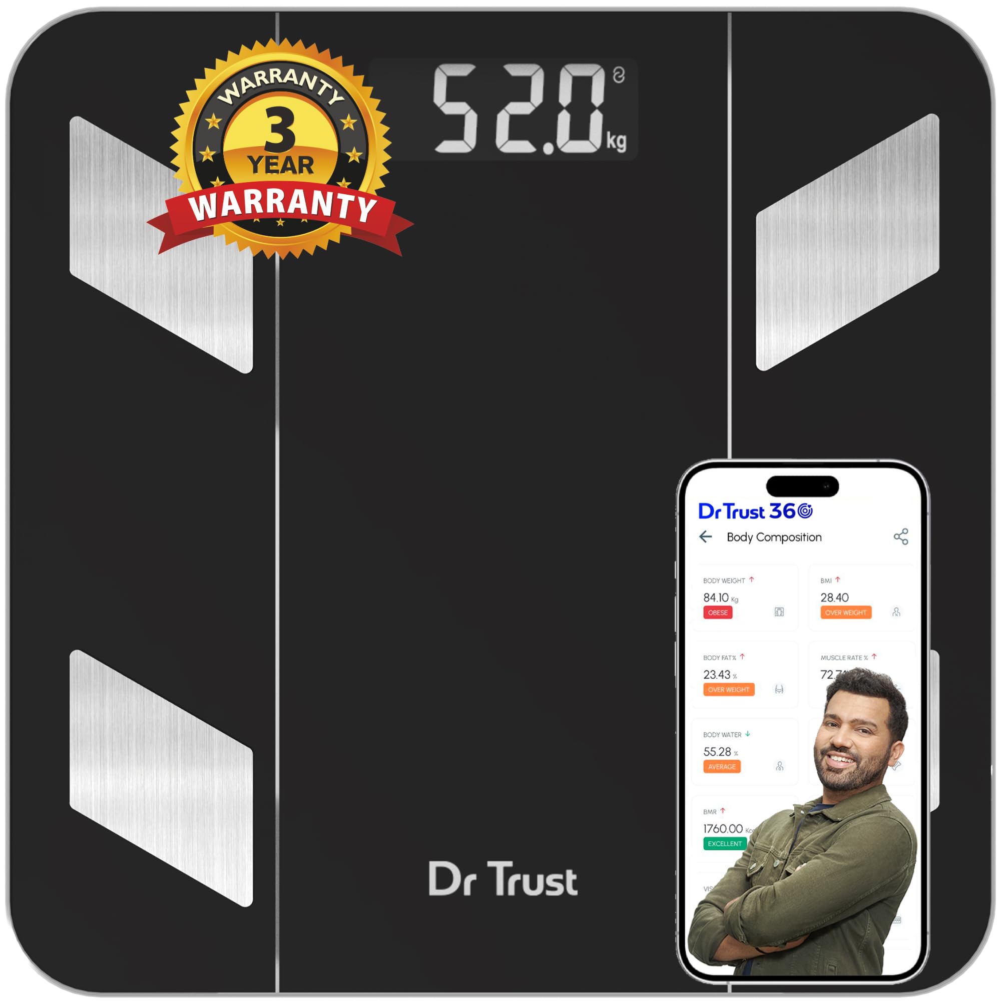 Dr Trust USA Hercules Smart Body Fat Scale & Composition Measurement Device-525, BMI, Personal Weighing Machine Monitor Body Weight & Age, Syncs With Fitness App (Black) (B0CZX4FXB7) Amazon Price History, Amazon Price Tracker