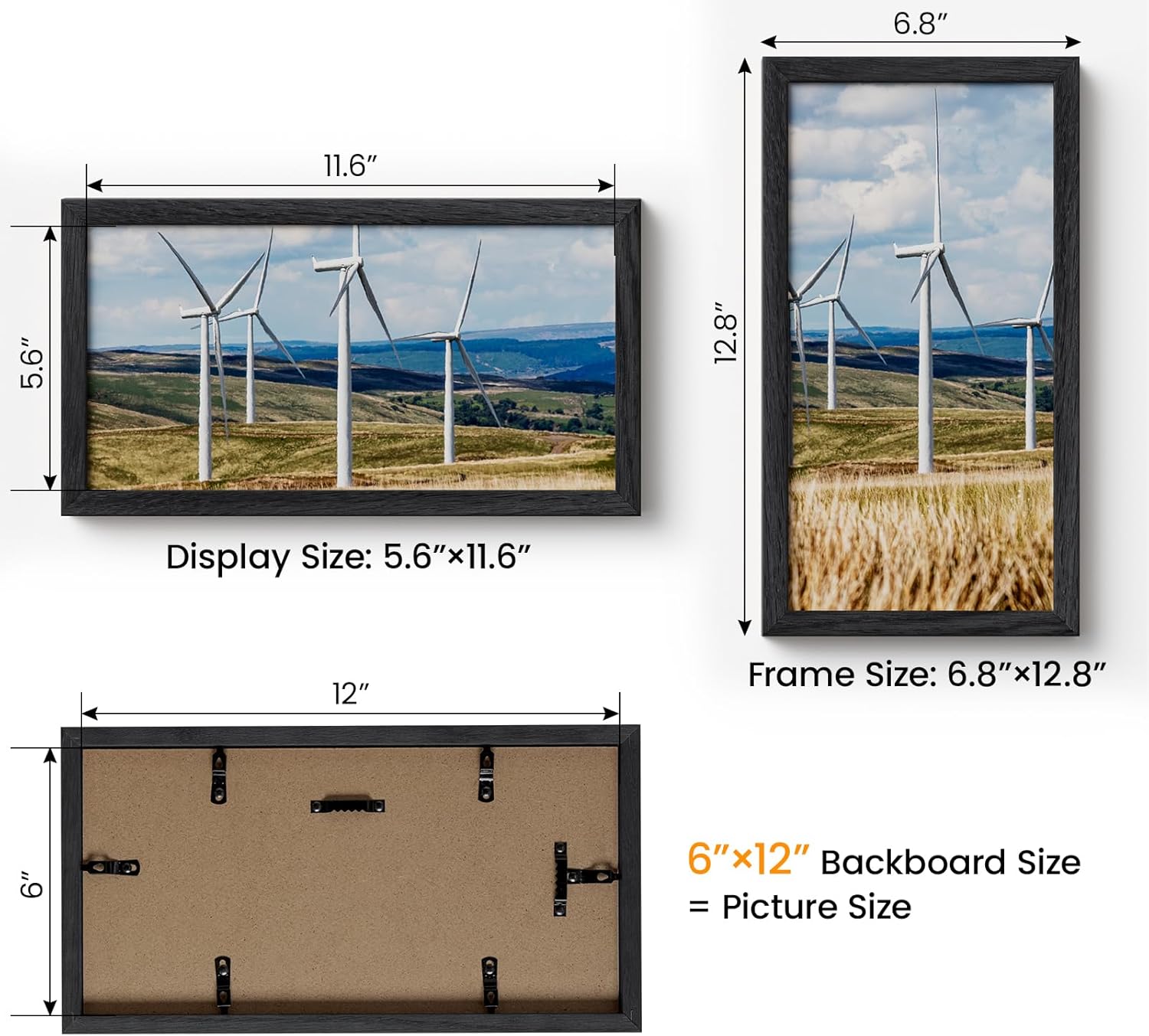 6x12 Picture Frame,Solid Oak Wood 6"x12" Photo Frame, Black Color Tempered Real Glass 6 by 12 Wooden Frames with No Mat,12x6 Picture Frames for Wall or Tabletop Display