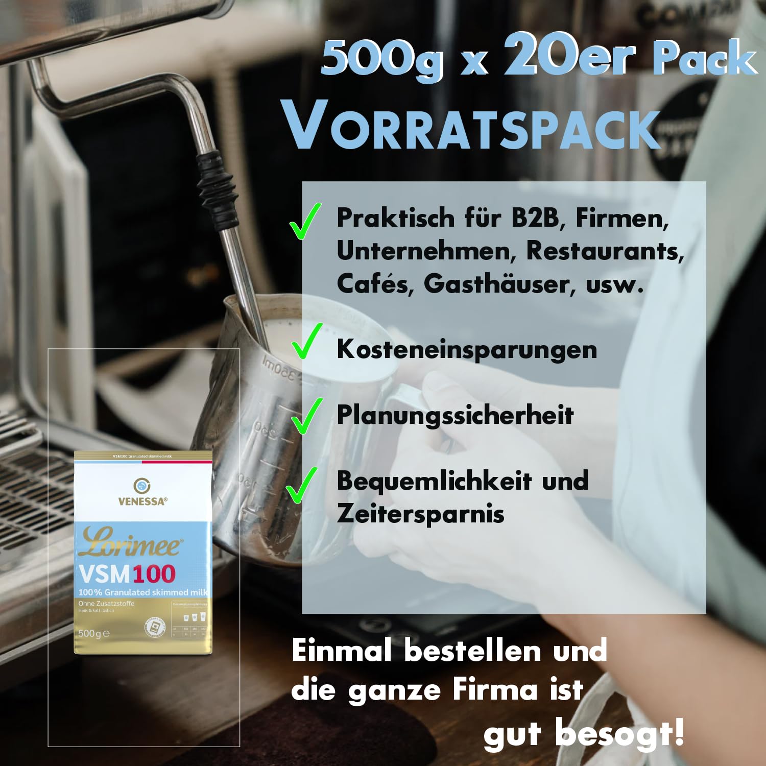 Venessa VSM 100 Lorimee 20 x 500g Magermilchpulver Granulat Hochwertiges Skimmed Milchpulver, Vorratspackung, Geeignet für alle Kaffeeautomaten und Heißgetränkeautomaten