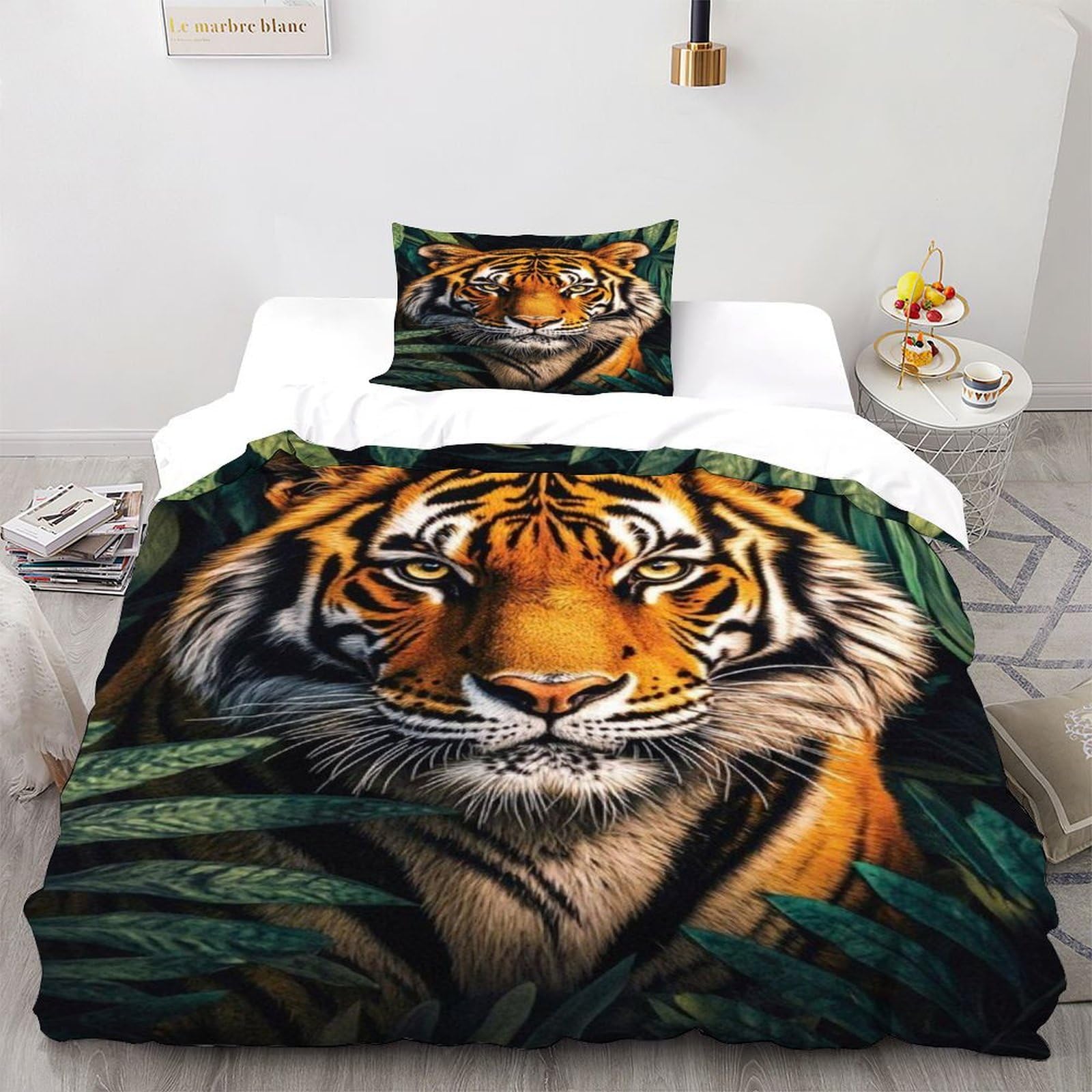 Housse de couette tigre 135x200 cm avec sa taie d'oreiller en microfibre pour lit simple
