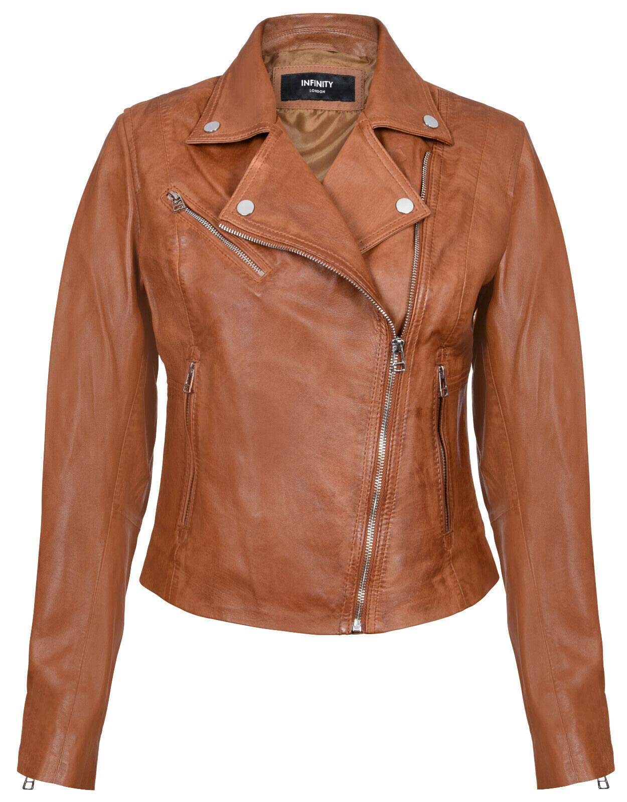 Ladies Womens Tan Real Leather Fitted Vintage Biker Style Zip Fashion Jacket M
