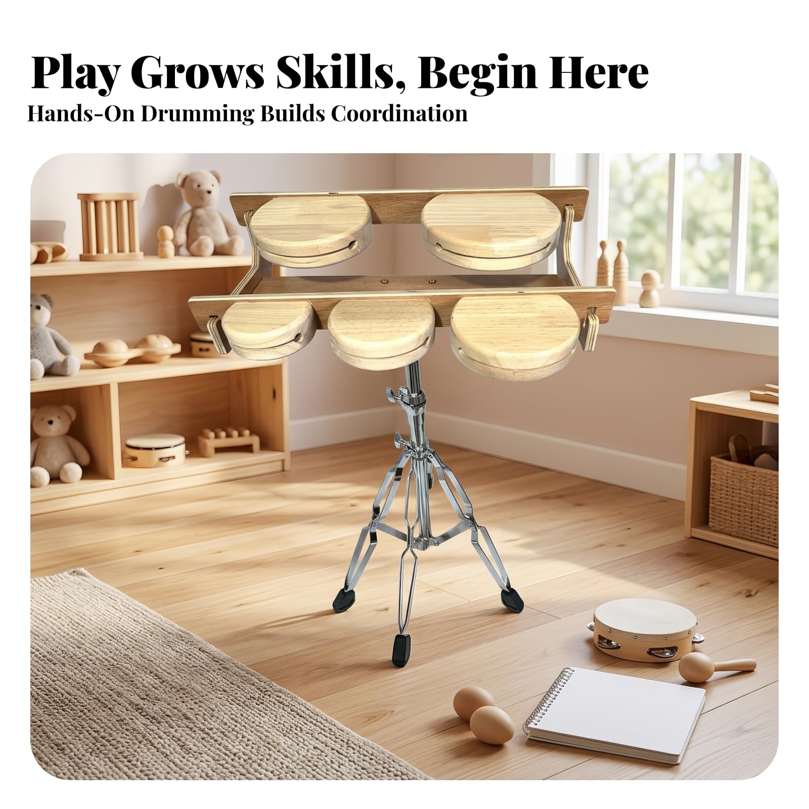 Set di Tamburi con Treppiede Educativo Leggero, Funzionale, Percussione, per Casa, Scuola infanzia, Principianti
