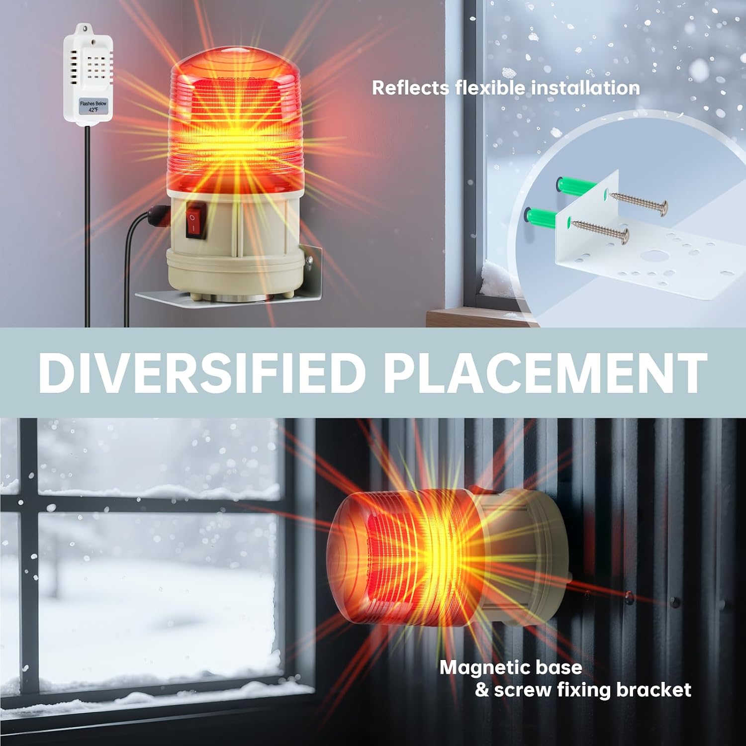 Briidea Temperature Warning Light with Built-in Thermostat, Auto Flash Alert Below 42°F, 1000ft High-Visibility LED, 10ft Sensor Cable, Battery Powered, Ideal for Vacation Homes Basements Garages
