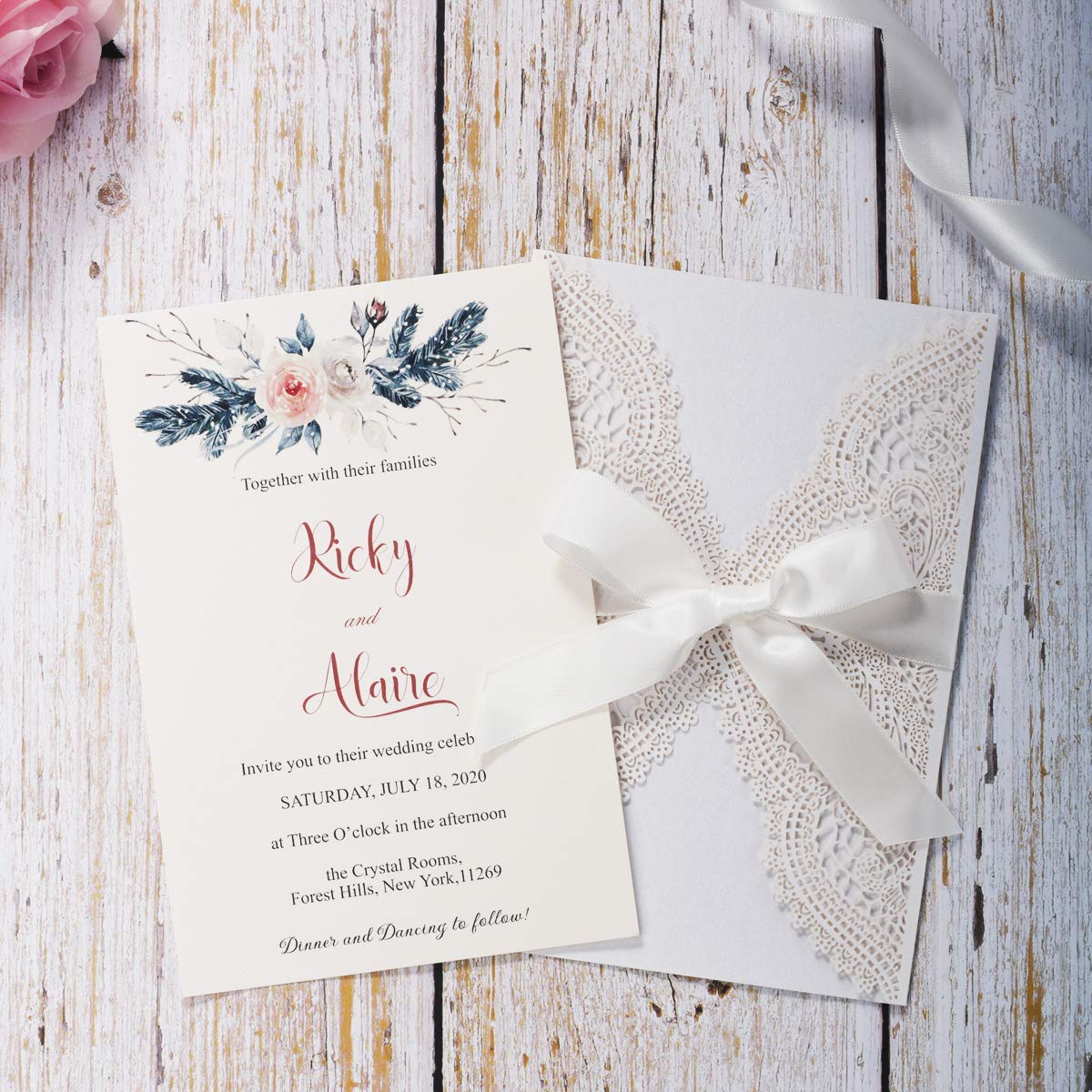 Kukynee - Biglietti di invito di nozze con nastri, per matrimonio, festa di fidanzamento, compleanno, laurea, 20 pezzi