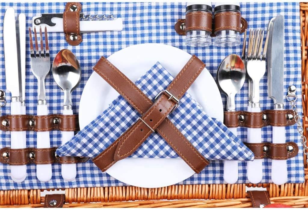 Willow Woven Picnic Basket with Lid for 4 Persons, Wicker Hamper Set, Portable Outdoor Picnic Basket Storage Basket with Tableware,Outdoor Storage Basket