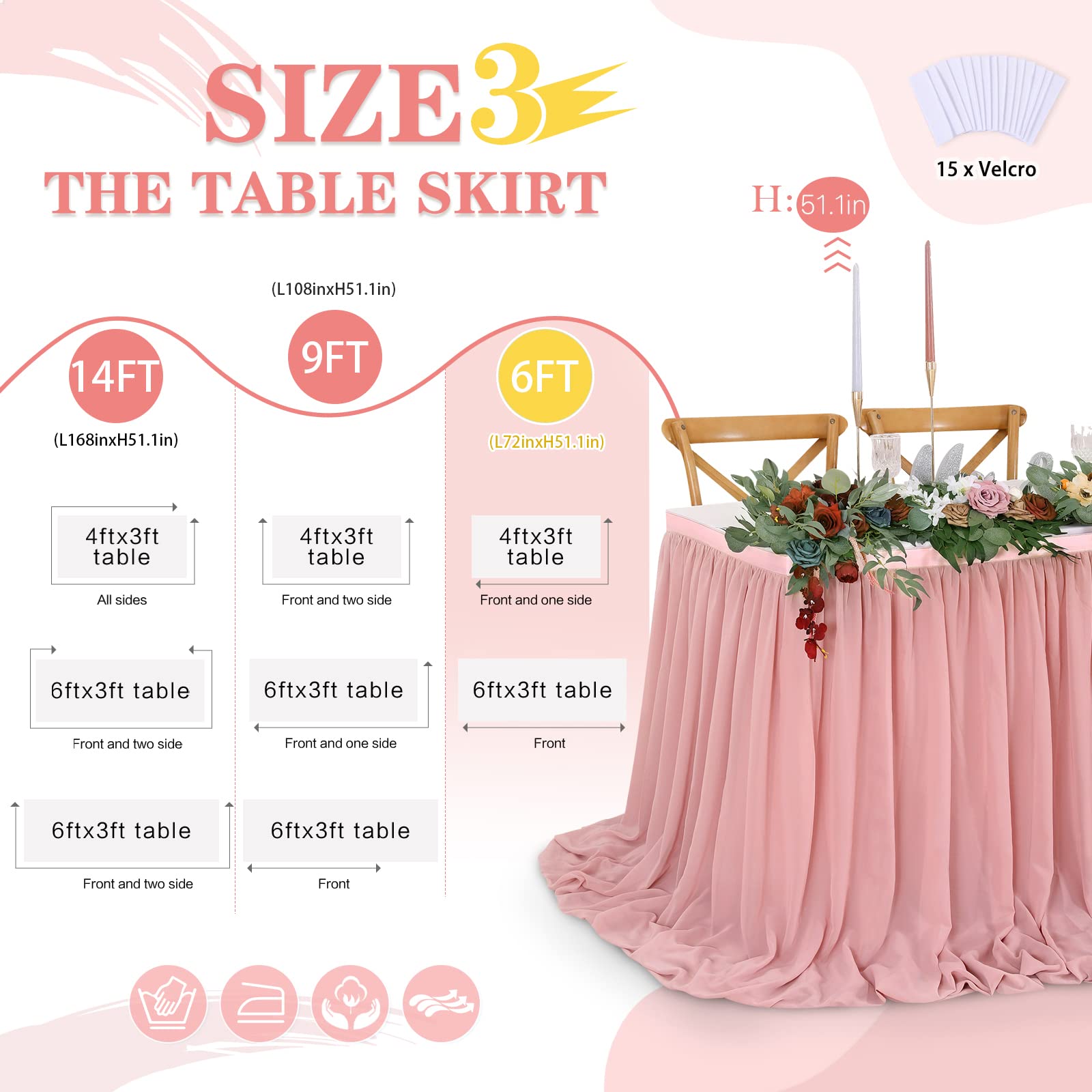 Chiffon Table Skirt Dusty Rose 9ft Sheer Tablecloth for Wedding Sweetheart Table Party Table Decoration Rectangle Tables or Round Tables - Image 4