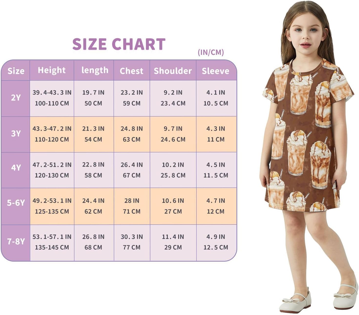 Iced Coffee Girls Dresses Summer Dresses for Girls with Cotton Short Sleeves for Casual a Line Dress Size 2-8Y