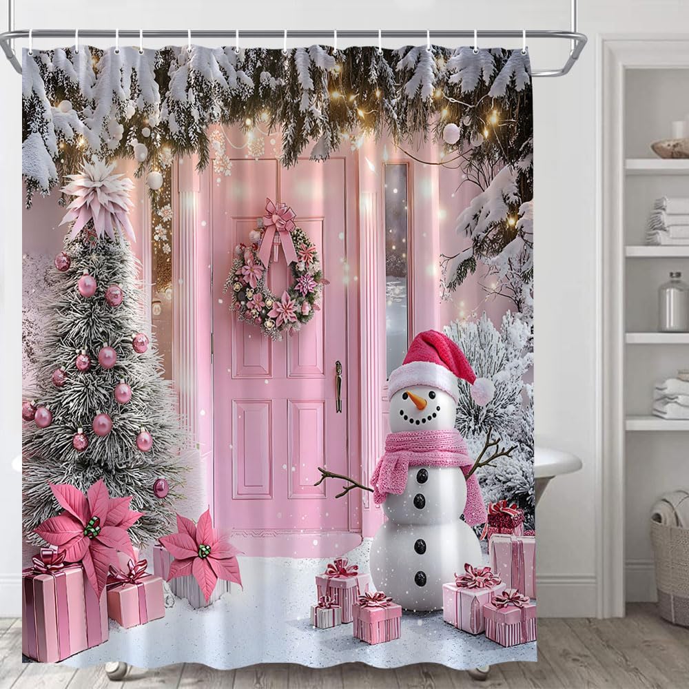 Merry Christmas Shower Curtain Cute Snowman Xmas Tree Pine Branches Winter Country Farmhouse Barn New Year Holiday Polyester Fabric Bathroom Curtain with Hooks
