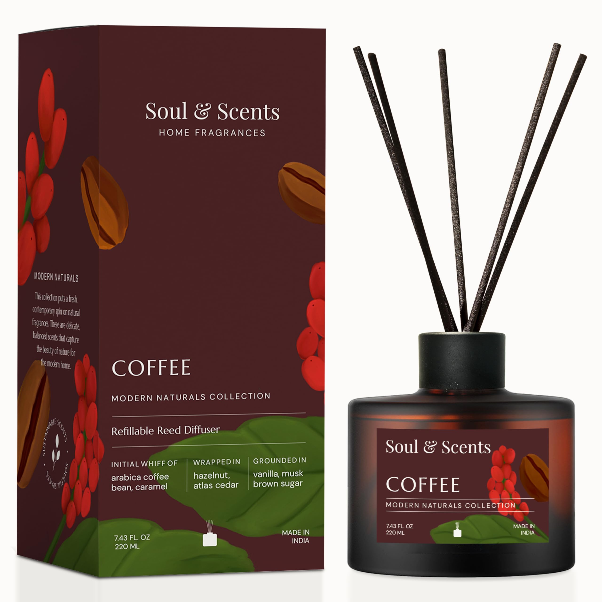 Soul & Scents Reed Diffuser Set – Coffee | 7.43 oz Refillable Scented Oil with 6 Fiber Sticks | Long-Lasting Home Fragrance & Air Freshener for Bedroom, Bathroom, Office | Gift & Décor Piece