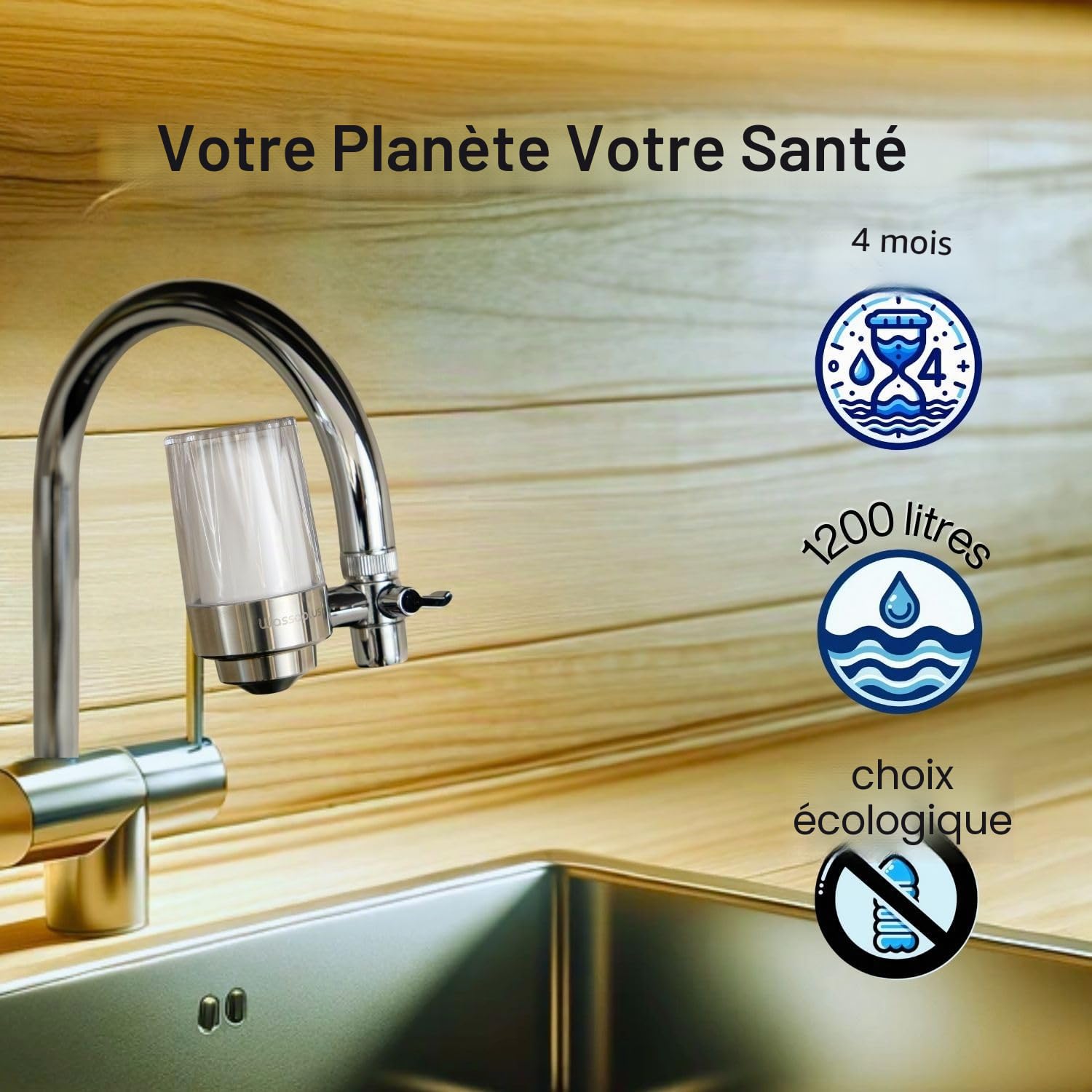 Super Core Filtre à eau pour robinet en acier inoxydable – Purificateur d'eau écologique – Élimine le chlore, les bactéries, la rouille, les microplastiques et améliore le goût de l'eau