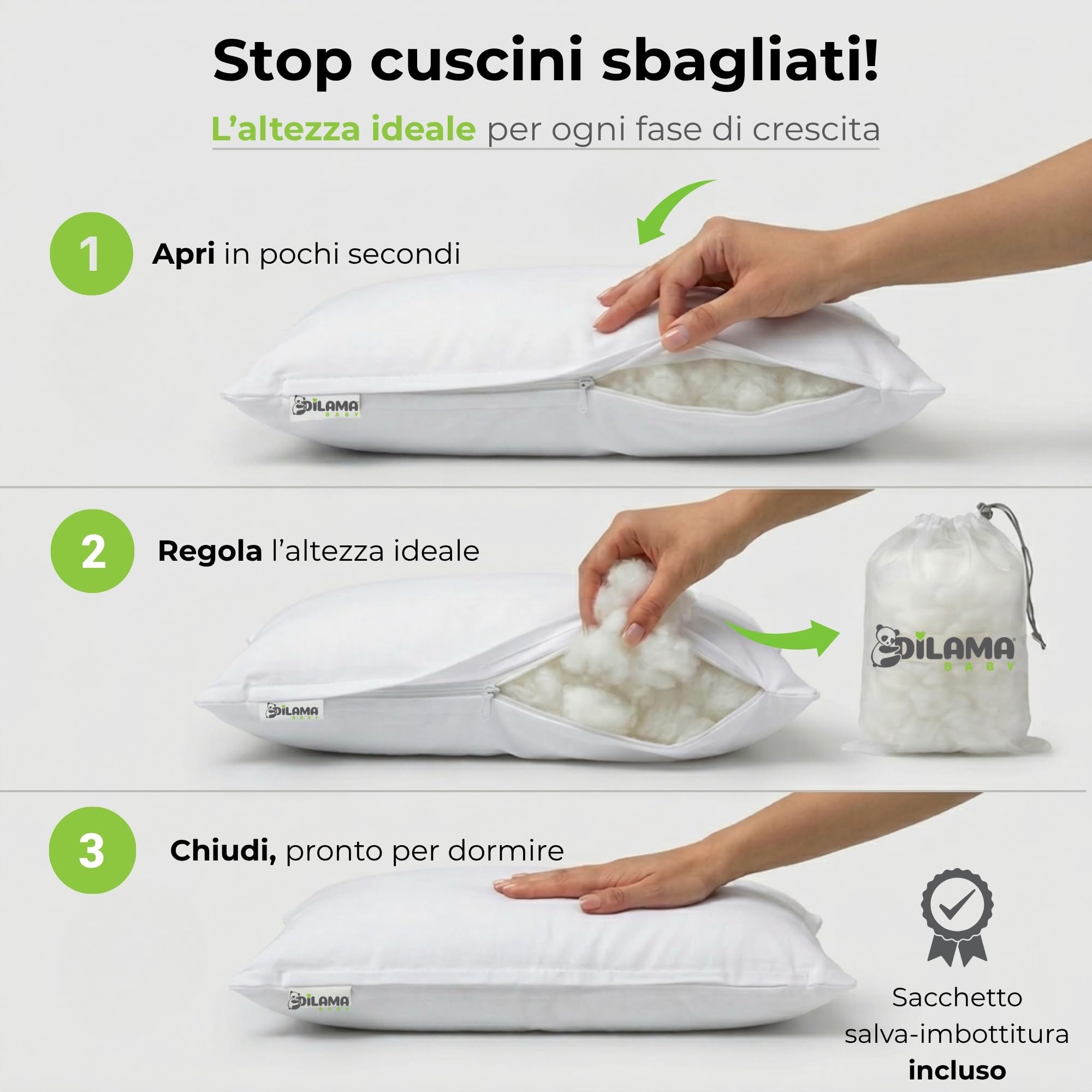 Dilamababy Cuscino Lettino Bambino 40x60 Regolabile in Altezza Anallergico Antiacaro Lavabile Federa Cotone Percalle Oeko Tex