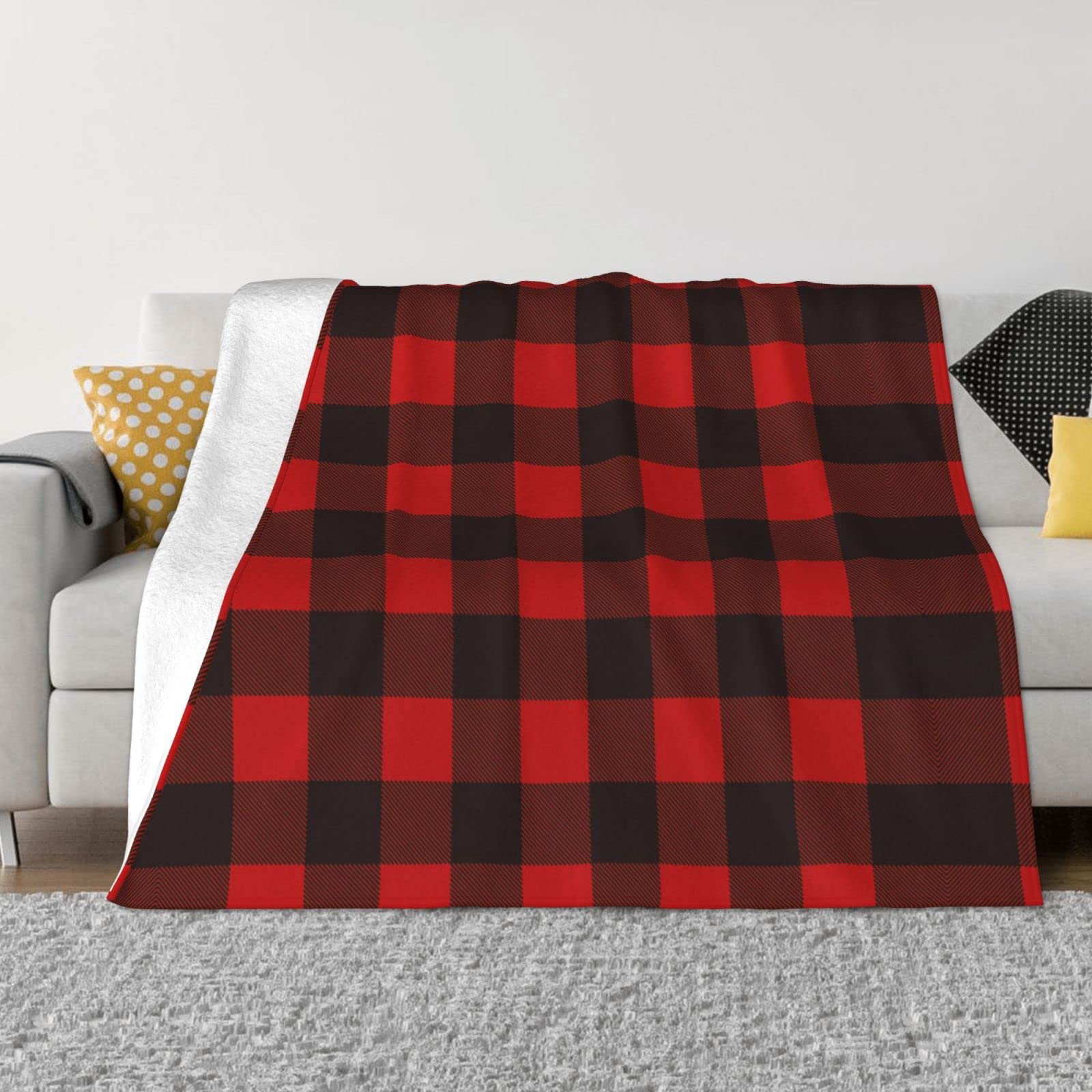 Couverture en flanelle à carreaux rouge et noir plaid doux pour lit et canapé toutes saisons