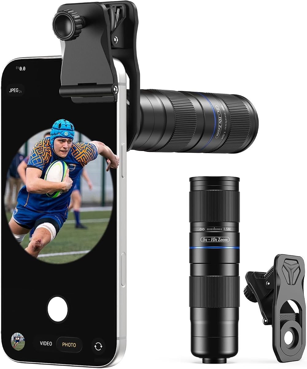 APEXEL 5-10X Telephoto Zoom Lens for iPhone & Android | Aviation Aluminum Body, Universal Clip-On, Optical Magnification | for Travel, Sports, Concerts, and Everyday Photography