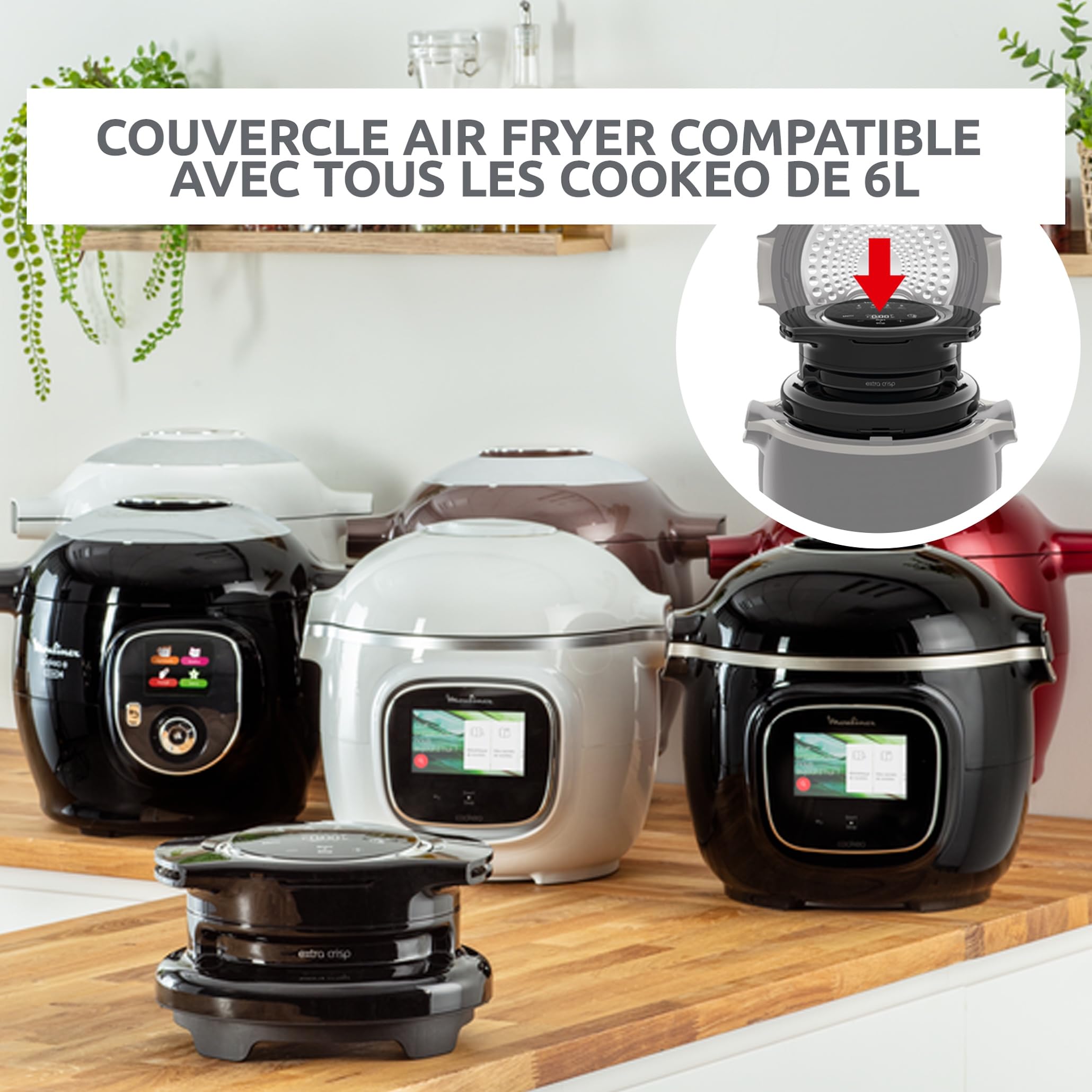 Moulinex Extra Crisp Cookeo, Couvercle air fryer, Recettes croustillantes, Cuisson sans huile, 4 programmes, Température réglable, Compatible avec les Cookeo 6 L, Noir EZ150800