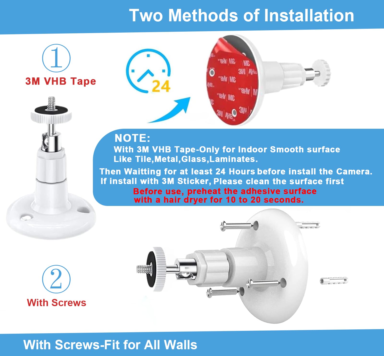 Soporte de pared para cámaras de seguridad eufy 2C/2C Pro, 2/2 Pro, 3C/S300, 3/S330 y eufyCam SoloCam S220/C210. ​​Ajustable 360 ​​grados, adhesivo o con tornillos (2 unidades)