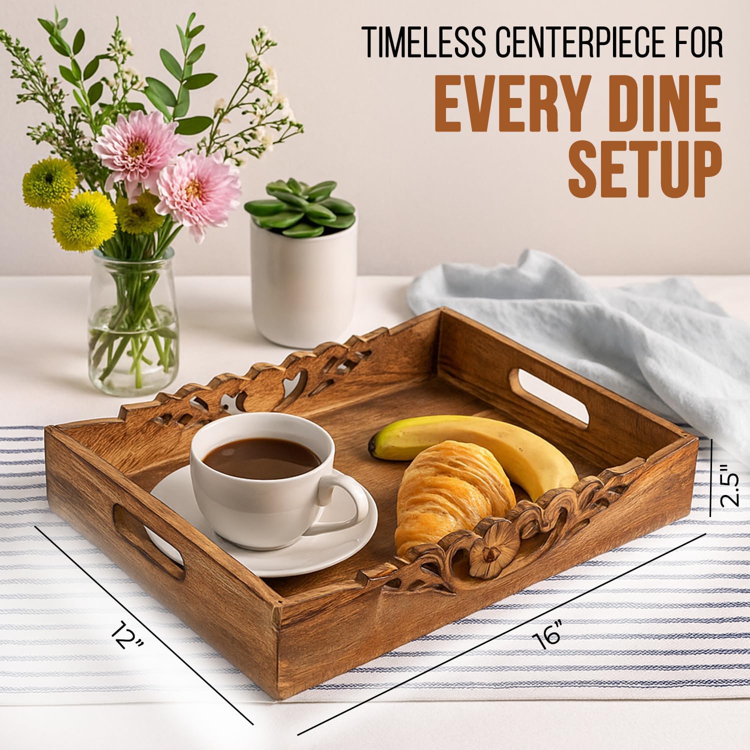 Mela Artisans Orchid Design Wooden Decorative Tray with Handles | 16x12x2.5 Mango Wood Ottoman Tray | for Kitchen Countertop | Coffee Table | Snacks | Desserts | Breads | Bedroom Decor - Image 2