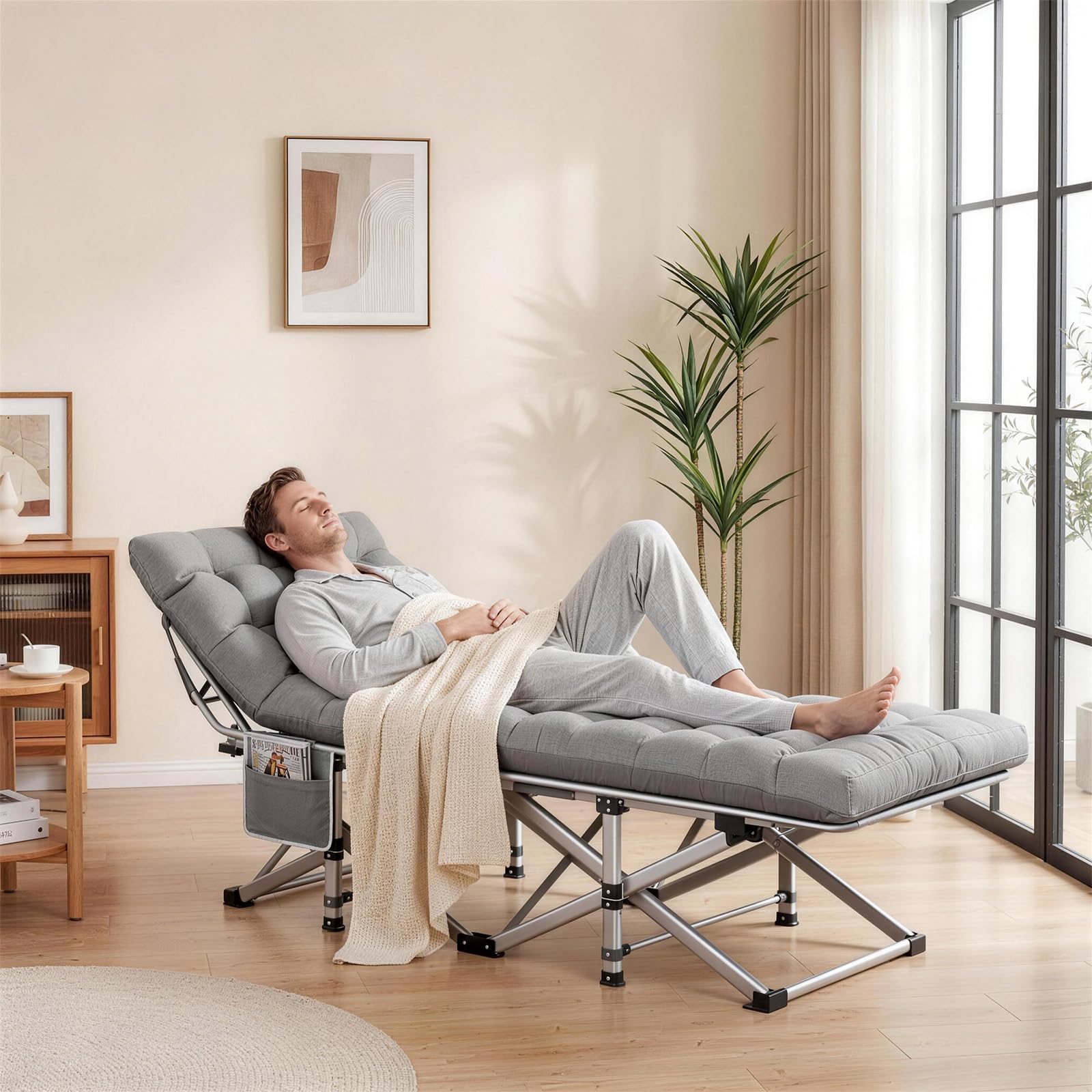 Lit de Camp Pliable avec Matelas Réversible 2 en 1 -Été et Hiver, Lit de Pliable Confortable Charge Jusqu'à 200Kg pour Camping, Les Voyages, la Maison, Jardin, Gris