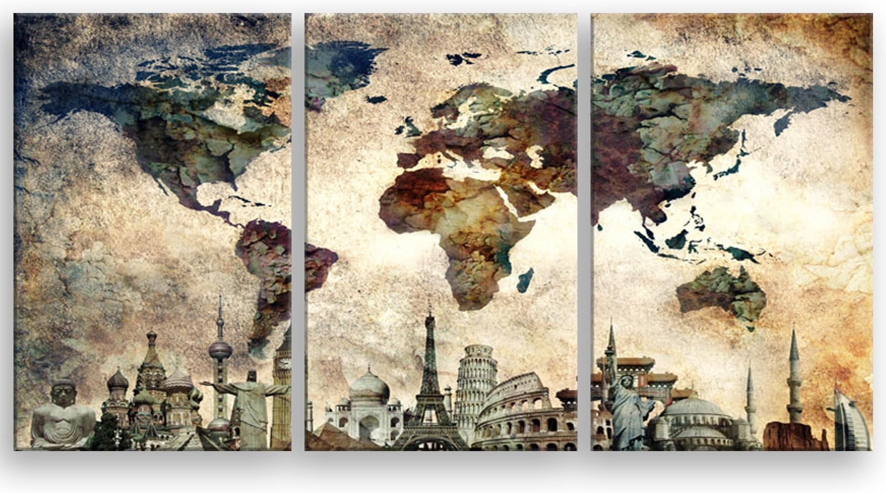 Original by BoxColors LARGE 30"x 60" 3 panels 30x20 Ea Art Canvas Print Map World Wonders Old paper texture wall home decor (framed 1.5" depth) M1844