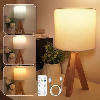 Cordless Tripod Table Lamp with Timer, Small Wooden Bedside Lamp, 3 Colors Dimmable Desk Lamp with E26 Rechargeable Led Light Bulb, Nightstand Lamp for Bedroom, Living Room