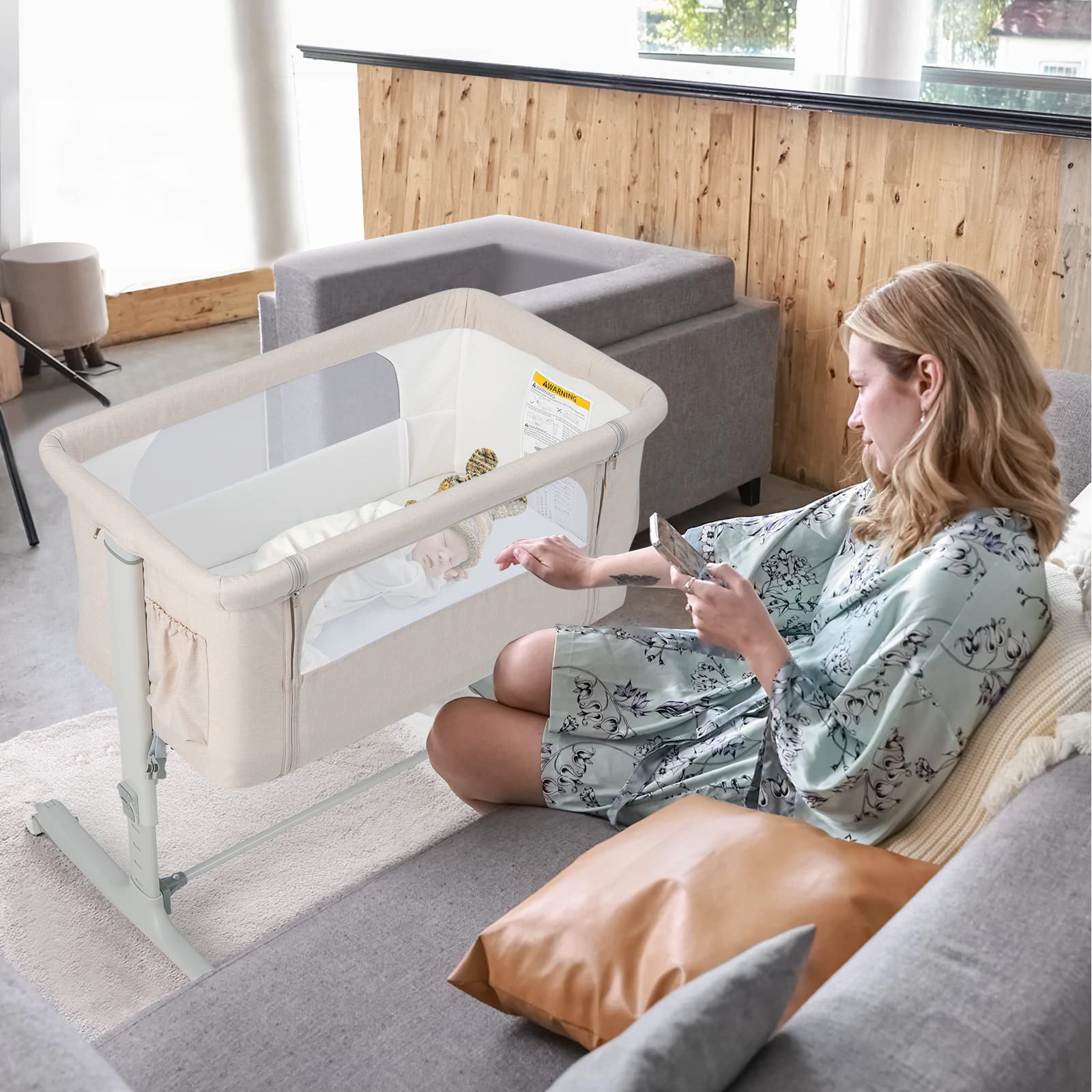 COSTWAY 3 en 1 Lit Cododo Bébé avec Matelas & 5 Hauteur Réglable, Lit Bébé Evolutif avec Inclinaison & 2 Sangles, Roues avec Frein, Sac de Transport, Charge 9kg pour 0-5 Mois, 86x63x81cm