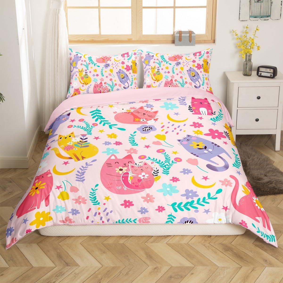 jejeloiu Cute Cat Bedding Set Cartoon Kawaii Kitten Duvet Cover Set for Kids Boys Girls Floral Print Comforter Cover Pet Animals Quilt Cover Bedroom Collection 2Pcs Toddler Size,No Comforter